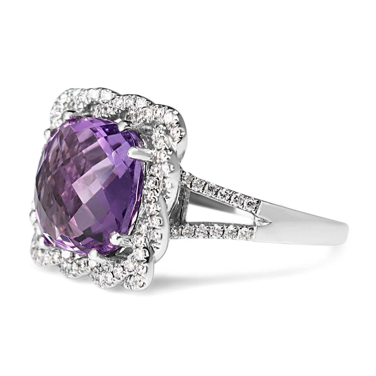 9ct White Gold Faceted Amethyst and Twist Diamond Halo Ring