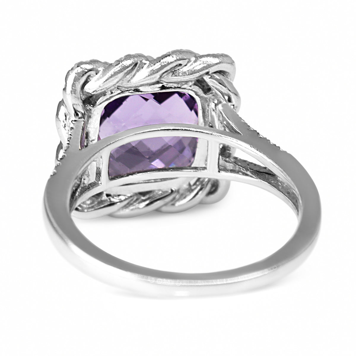 9ct White Gold Faceted Amethyst and Twist Diamond Halo Ring