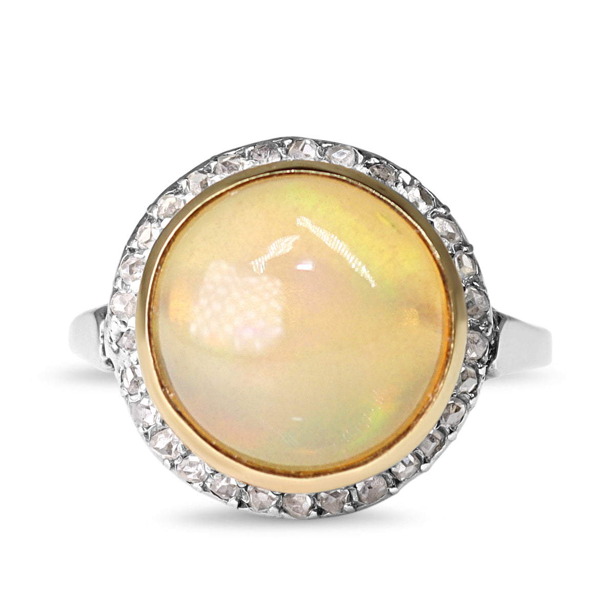 18ct Yellow and White Gold Opal and Rose Cut Diamond Halo Ring