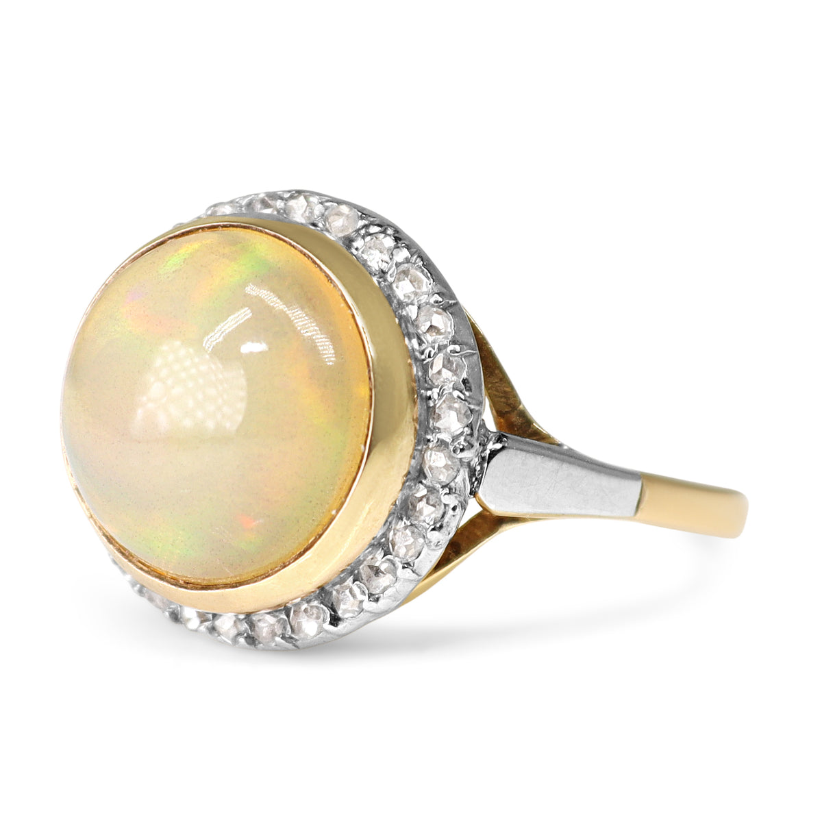 18ct Yellow and White Gold Opal and Rose Cut Diamond Halo Ring