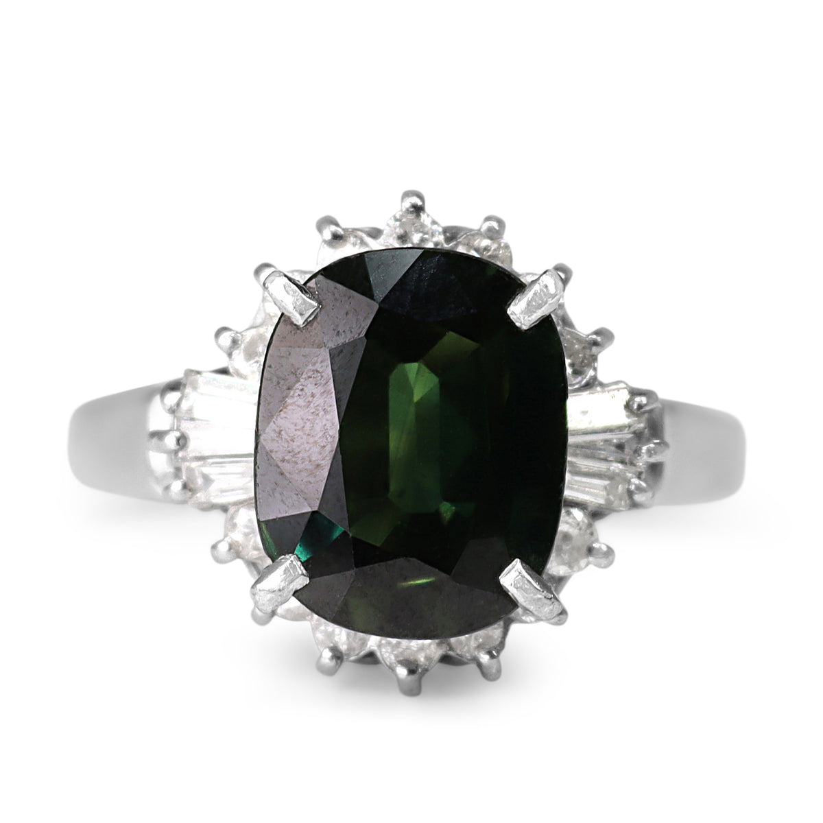 Platinum Green Tourmaline and Baguette Diamond Halo Ring
