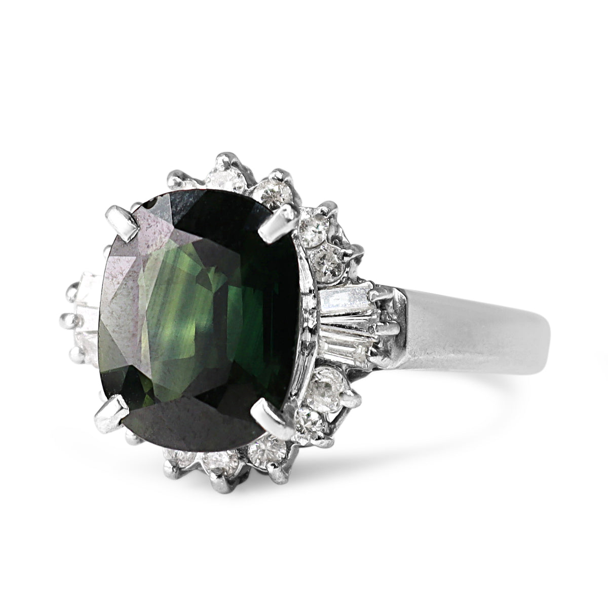 Platinum Green Tourmaline and Baguette Diamond Halo Ring