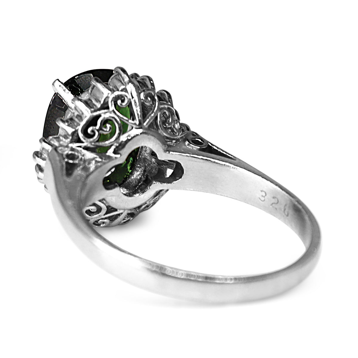 Platinum Green Tourmaline and Baguette Diamond Halo Ring