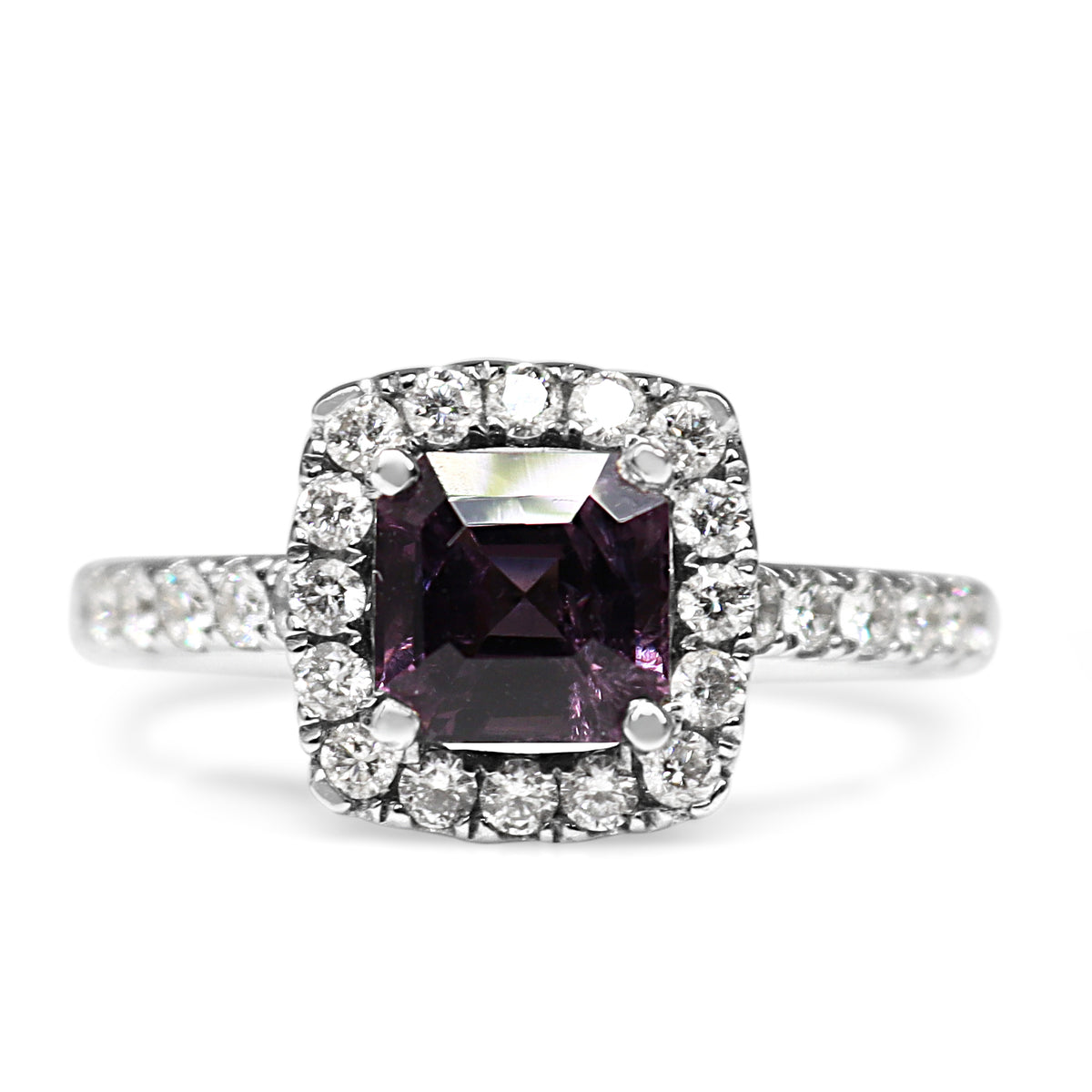 18ct White Gold Pink / Purple Spinel and Diamond Halo Ring
