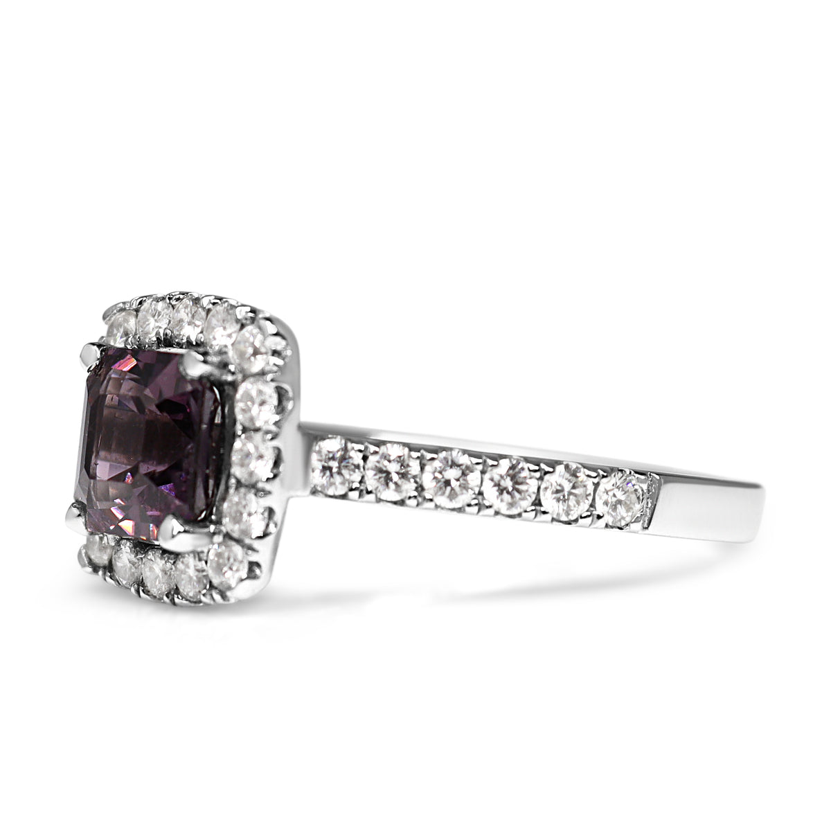 18ct White Gold Pink / Purple Spinel and Diamond Halo Ring