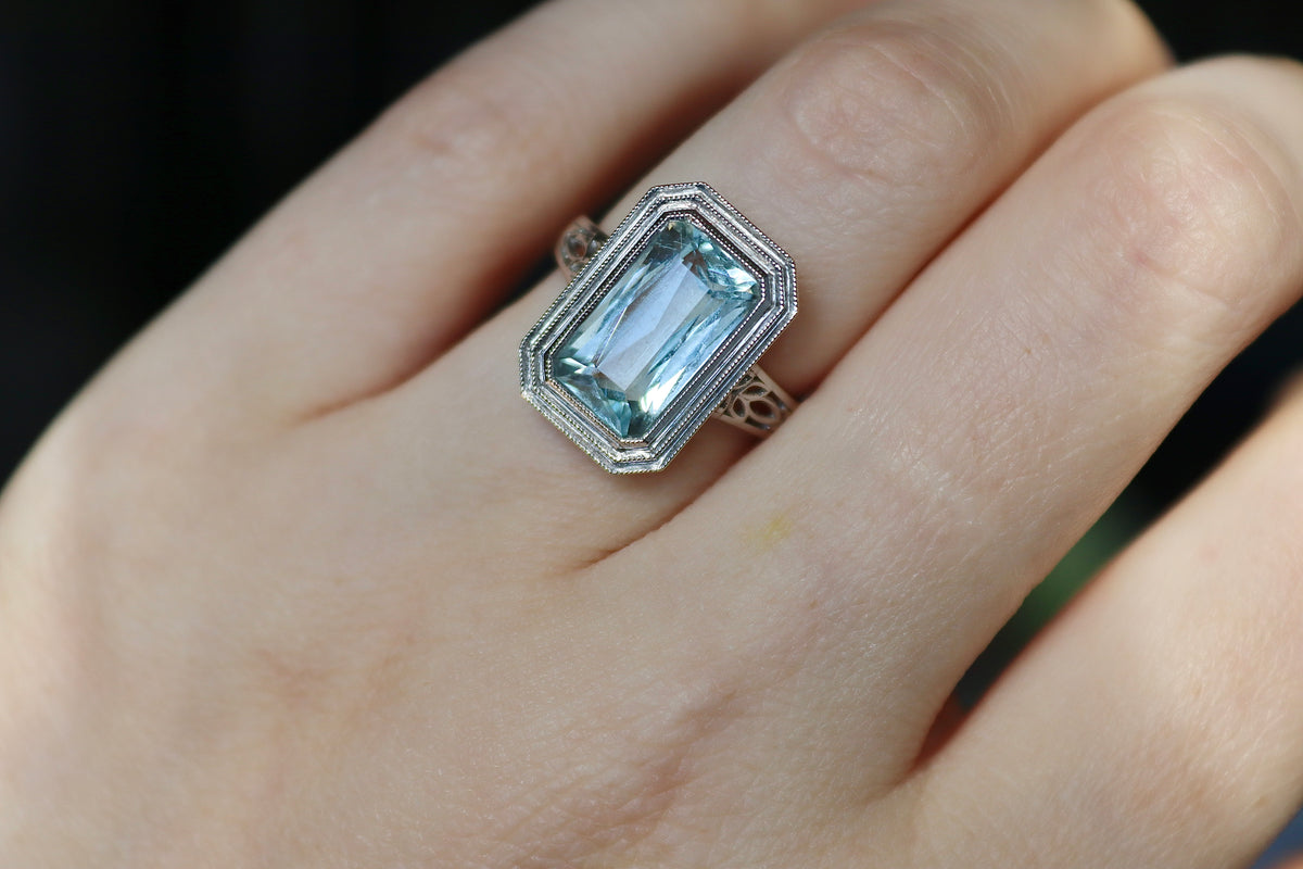 14ct White Gold Deco Style Millgrain and Filigree Aquamarine Ring