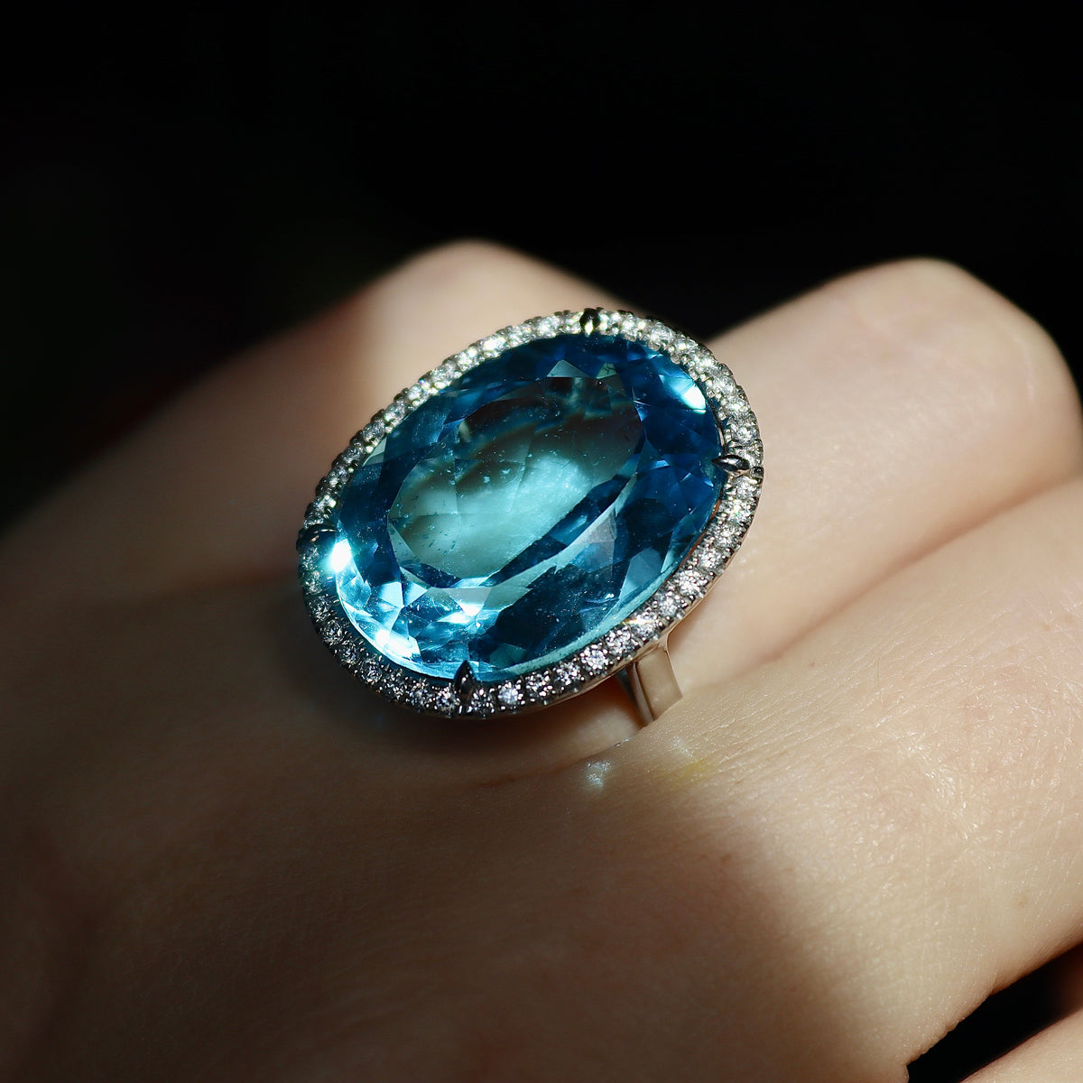 18ct White Gold Topaz and Diamond Halo Cocktail Ring