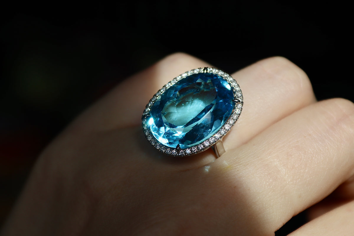 18ct White Gold Topaz and Diamond Halo Cocktail Ring
