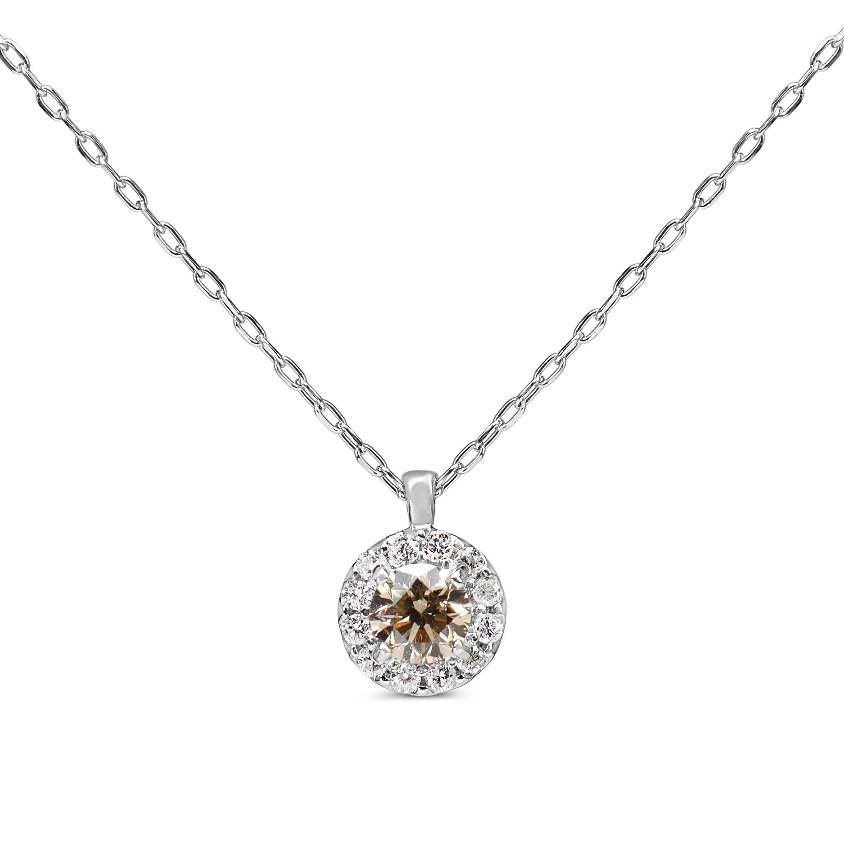 Platinum Champagne and White Diamond Halo Necklace