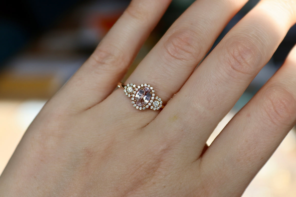 9ct Rose Gold Morganite and Diamond Halo Ring
