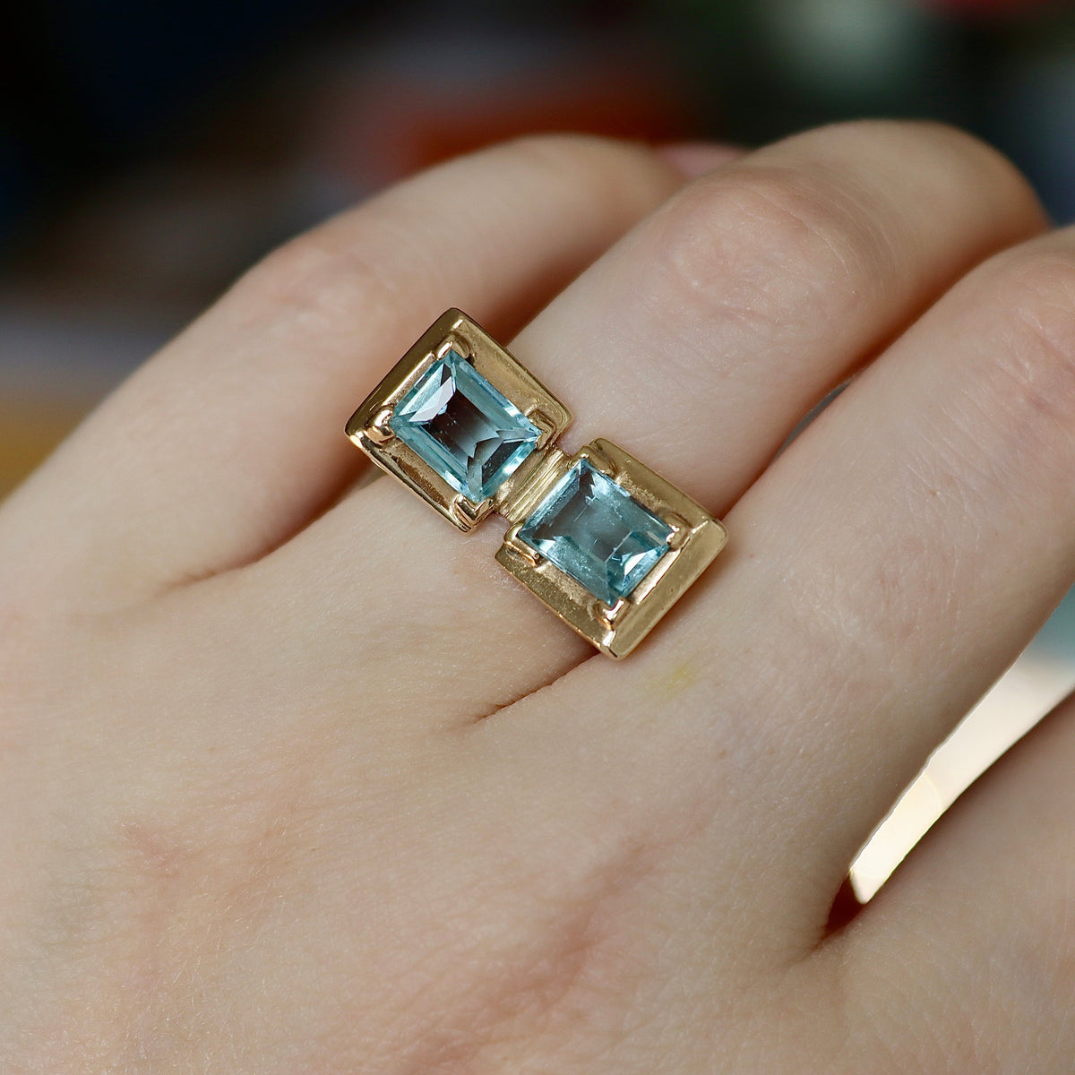 Anillo cóctel de aguamarina Art Decó/Retro de oro amarillo de 14 ct