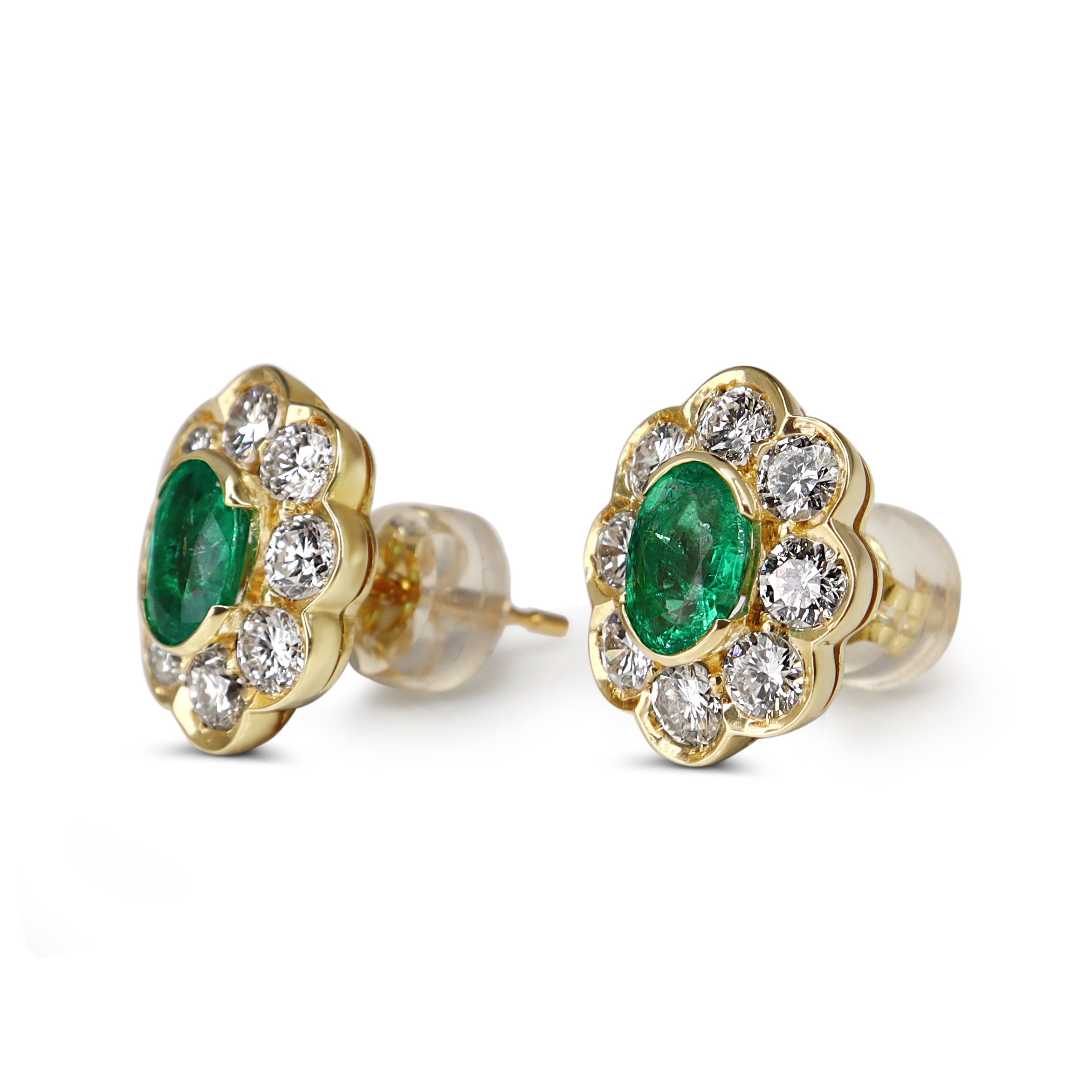 18ct Yellow Gold Emerald and Diamond Daisy Style Stud Earrings