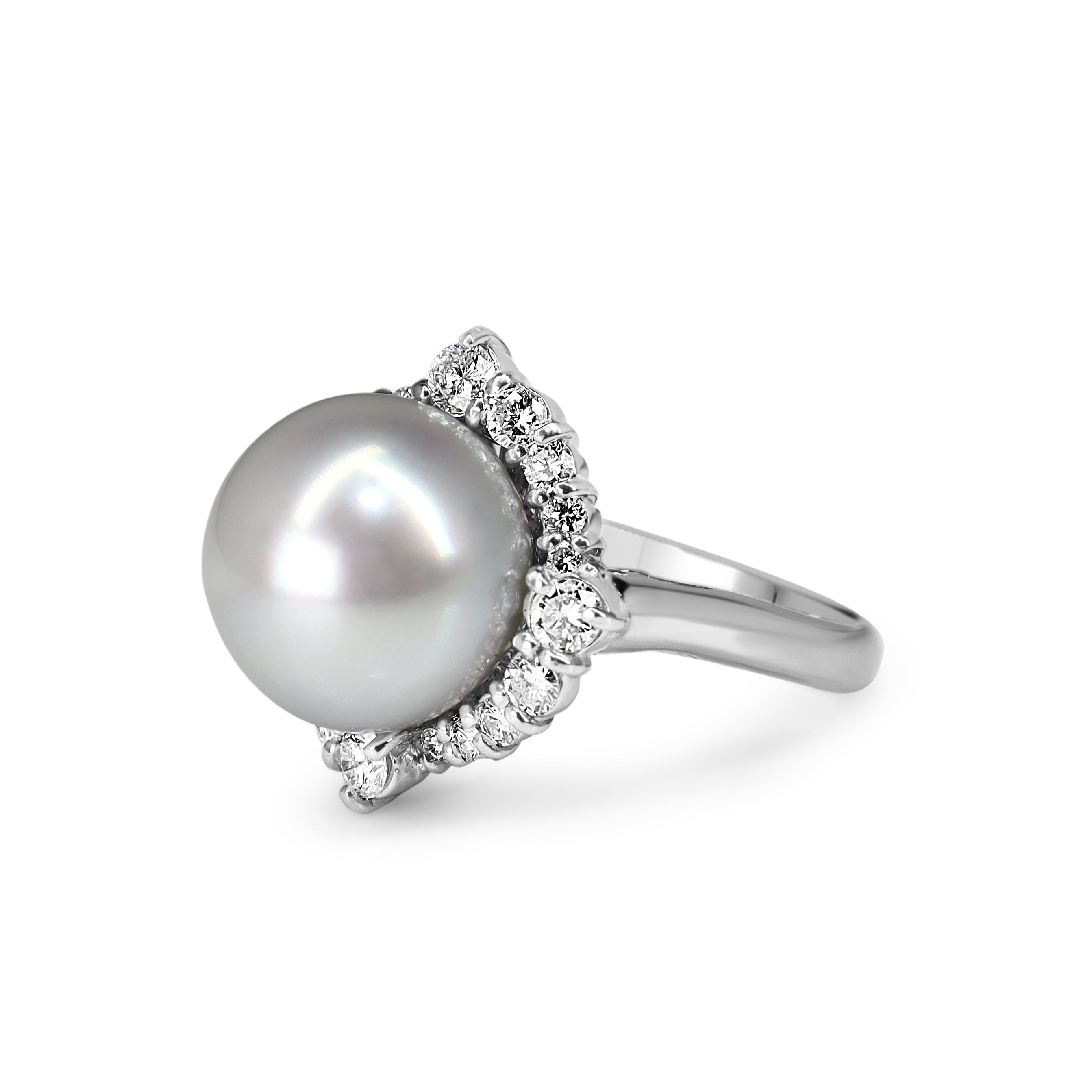 Platinum 12mm South Sea Pearl and Diamond Halo Ring