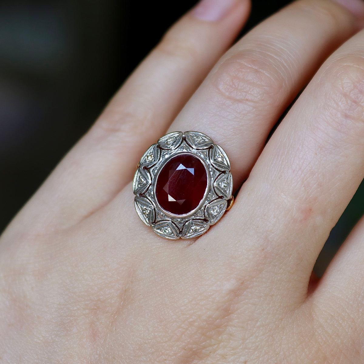 18ct Rose and White Gold Ruby and Single Cut Diamond Vintage Halo Ring