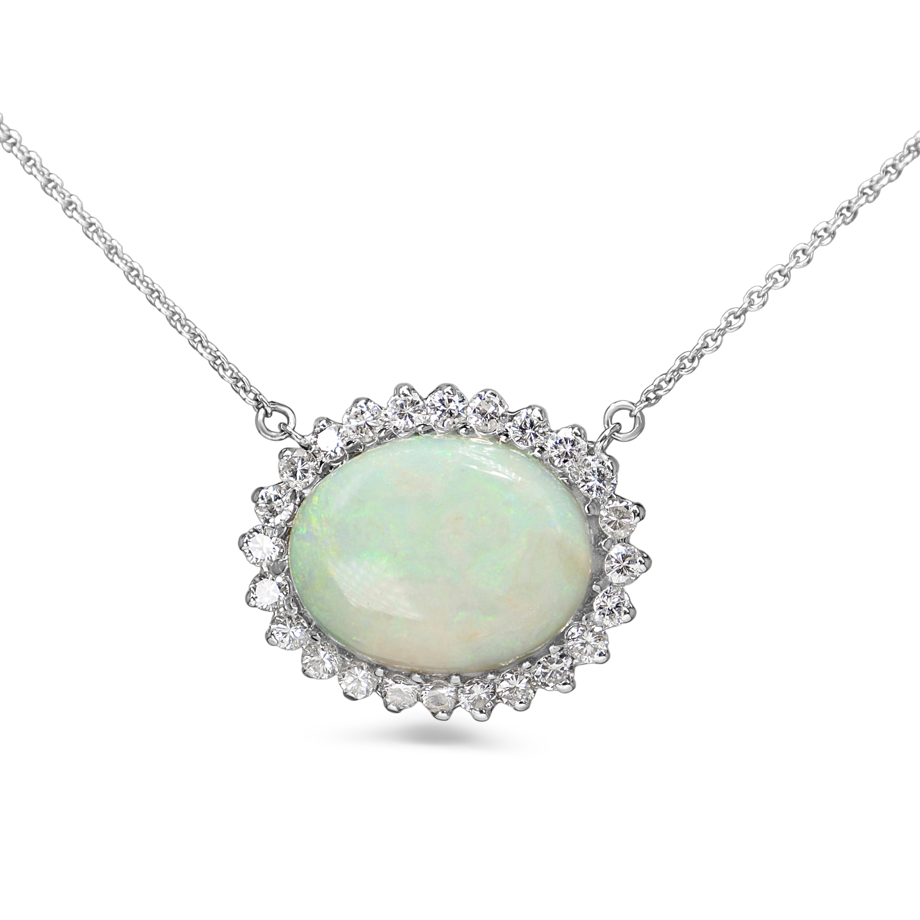 14ct White Gold Opal and Diamond Halo Necklace