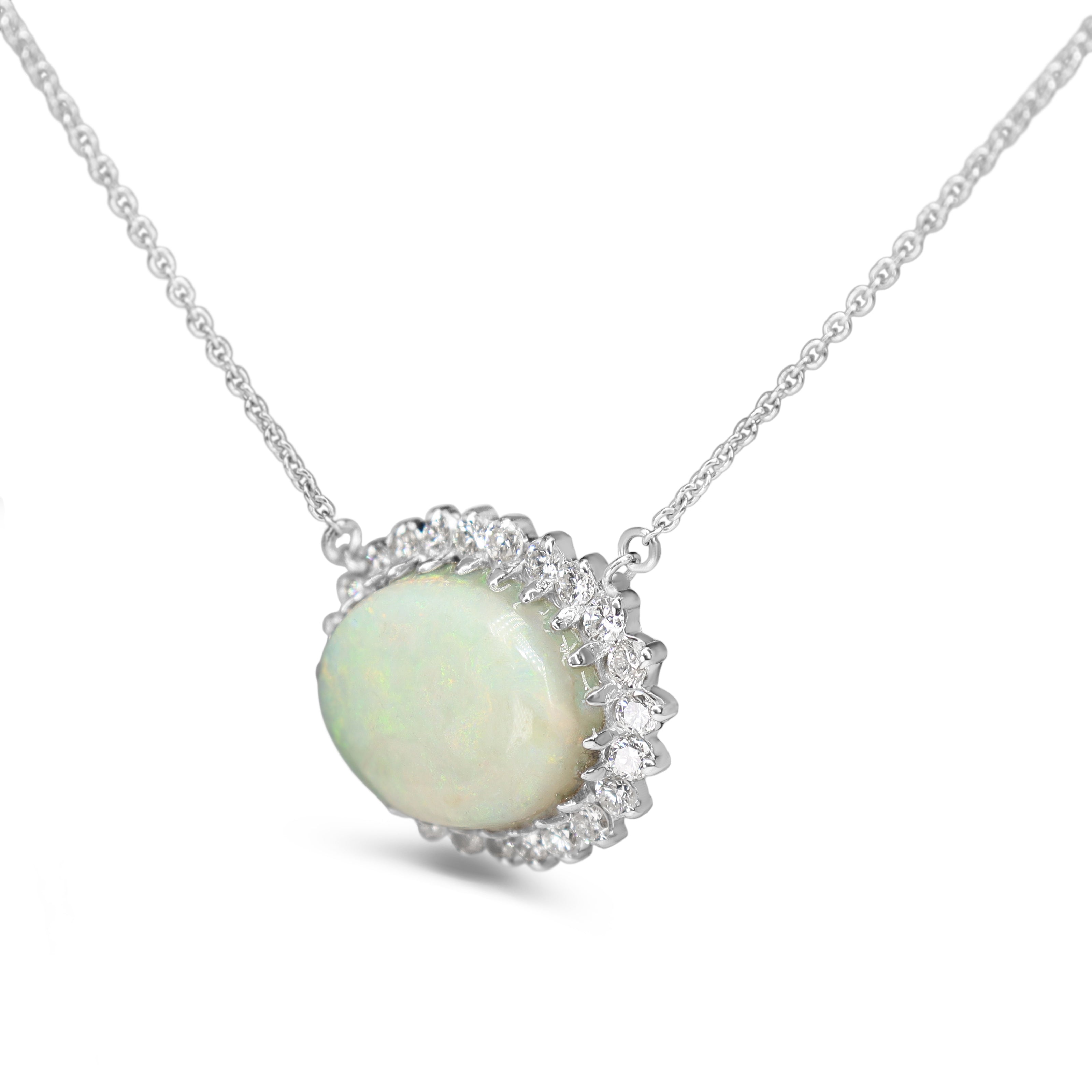 14ct White Gold Opal and Diamond Halo Necklace