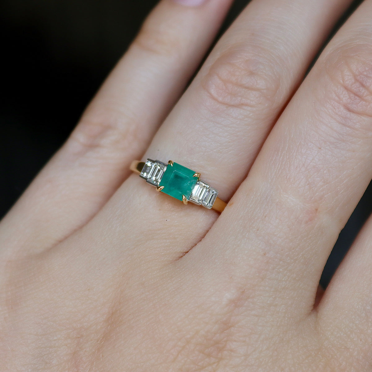 18ct Yellow and White Gold Emerald and Baguette Diamond 5 Stone Ring