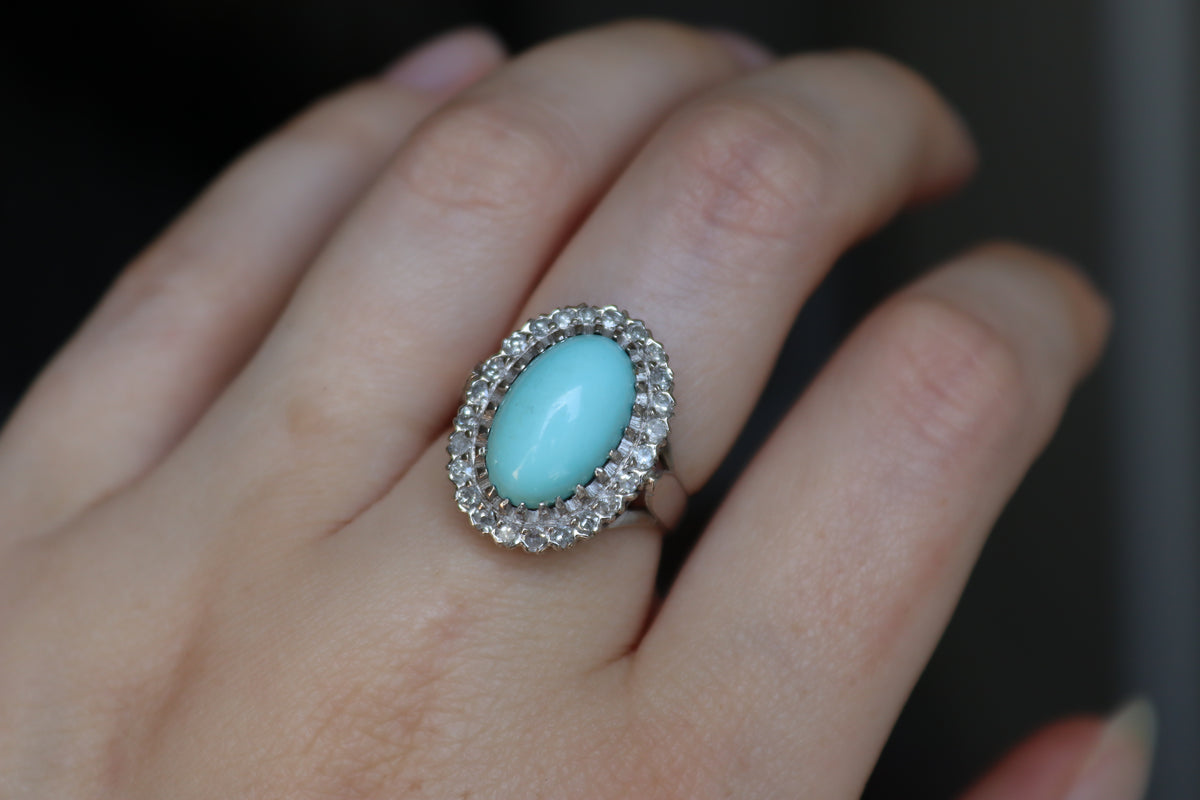 Palladium Turquoise and Single Cut Diamond Vintage Halo Ring