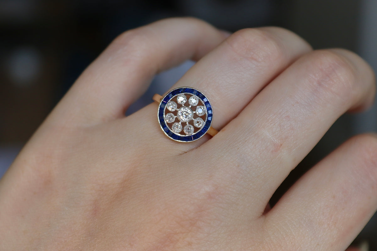 18ct Yellow and White Gold Art Deco Old Cut Diamond and Sapphire Ring
