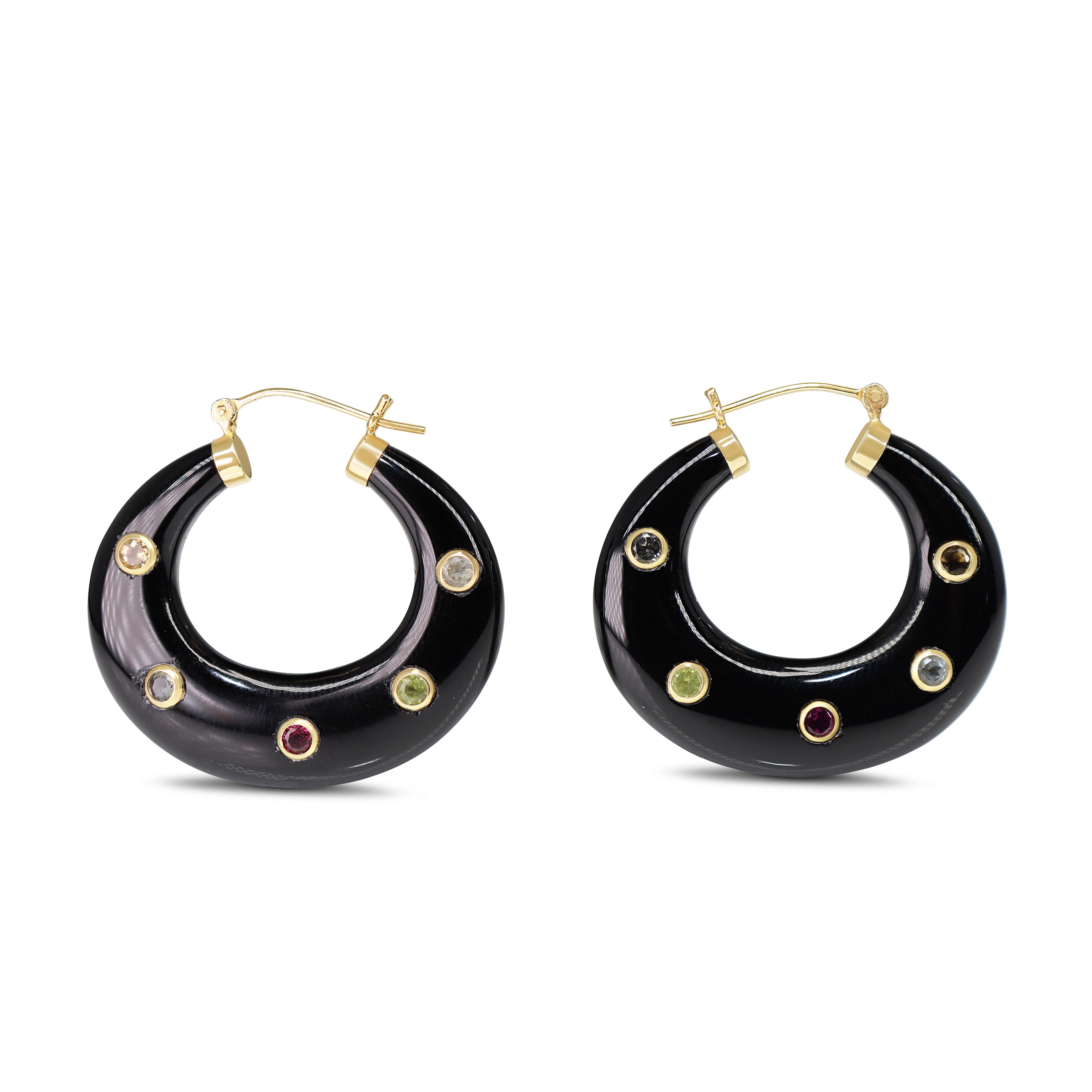 14ct Yellow Gold Onyx, Citrine, Peridot, Topaz and Quartz Hoop Earrings