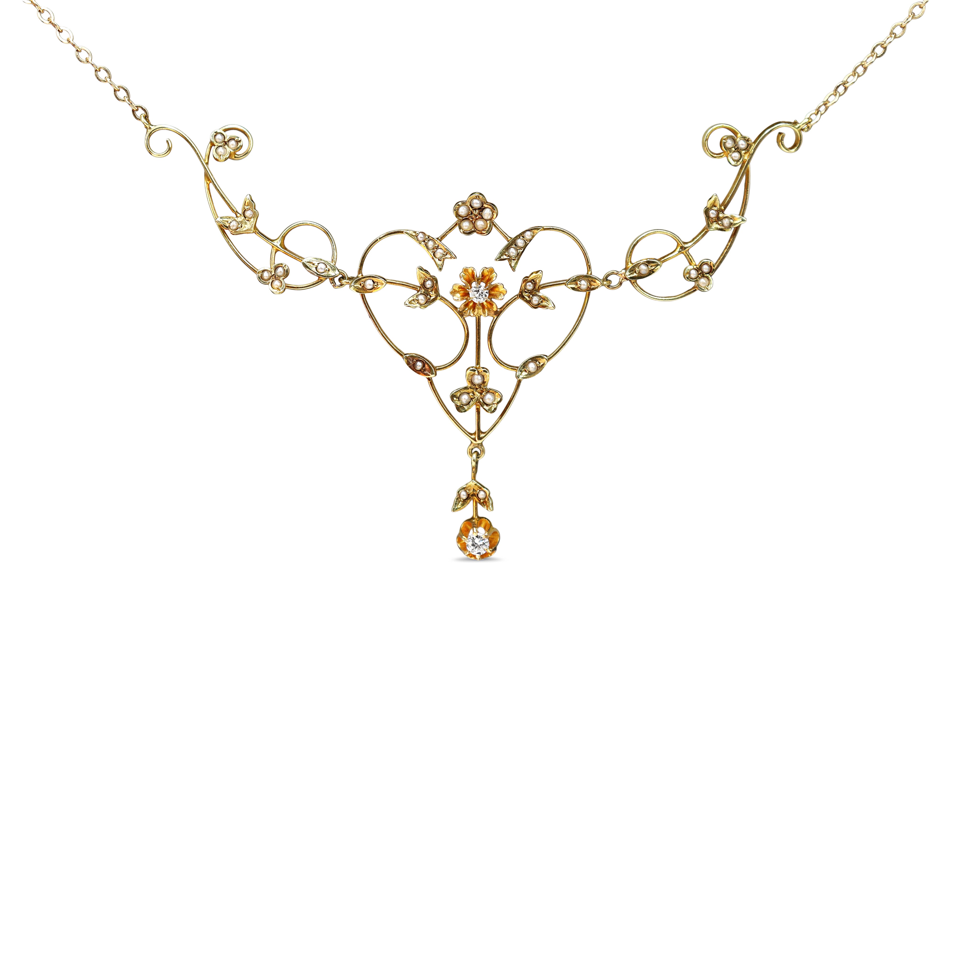 15ct Yellow Gold Antique Pearl and Diamond Art Nouveau Necklace