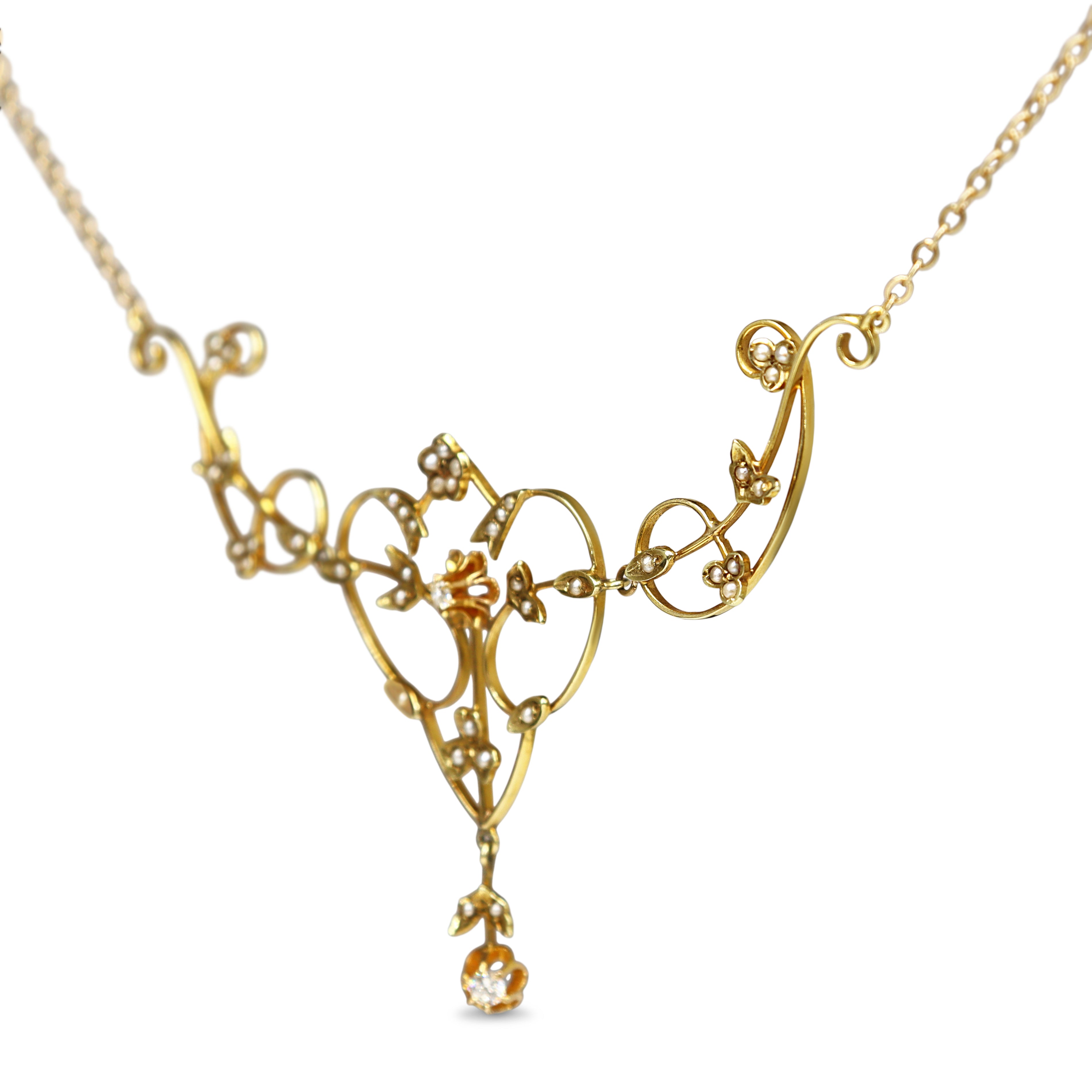 15ct Yellow Gold Antique Pearl and Diamond Art Nouveau Necklace