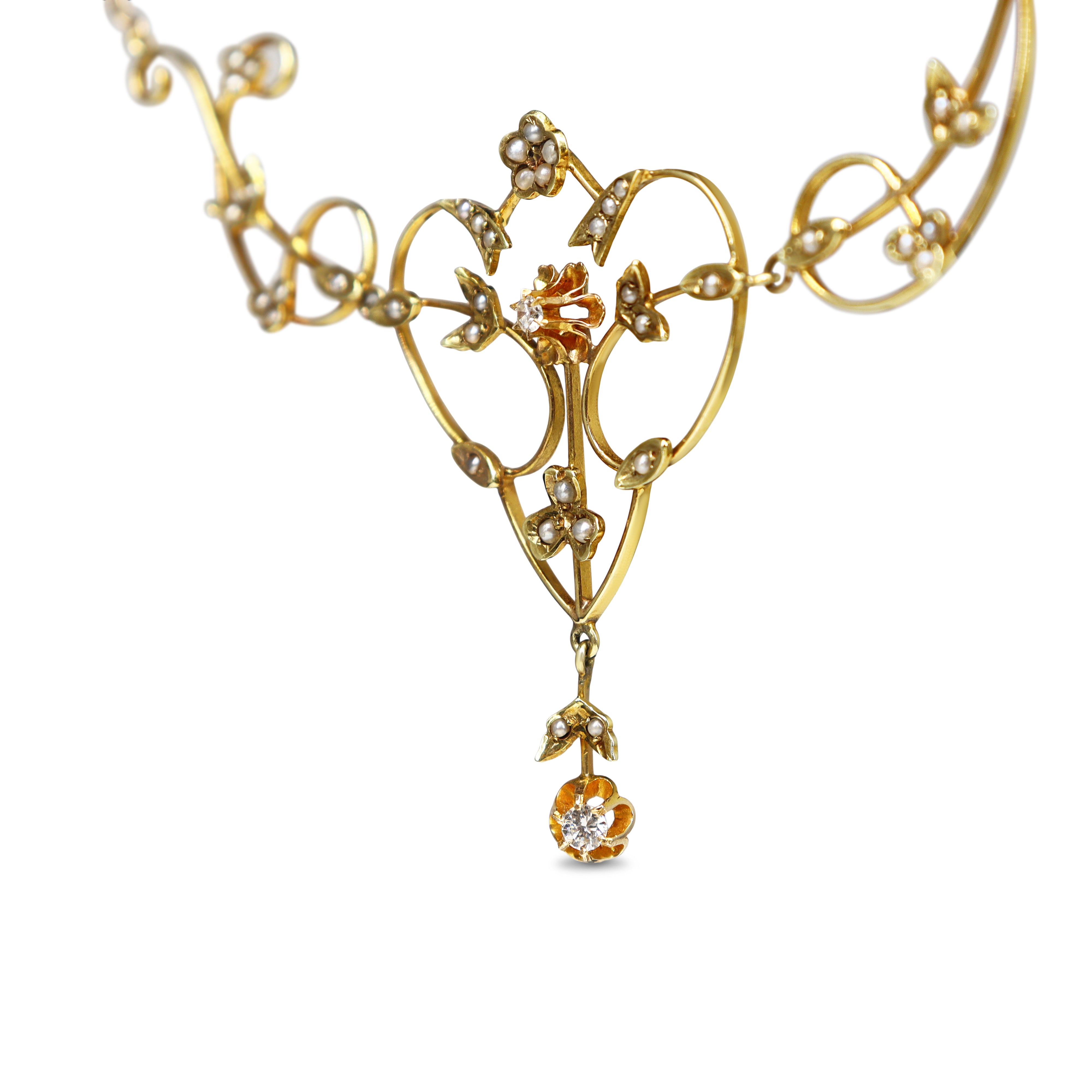 15ct Yellow Gold Antique Pearl and Diamond Art Nouveau Necklace