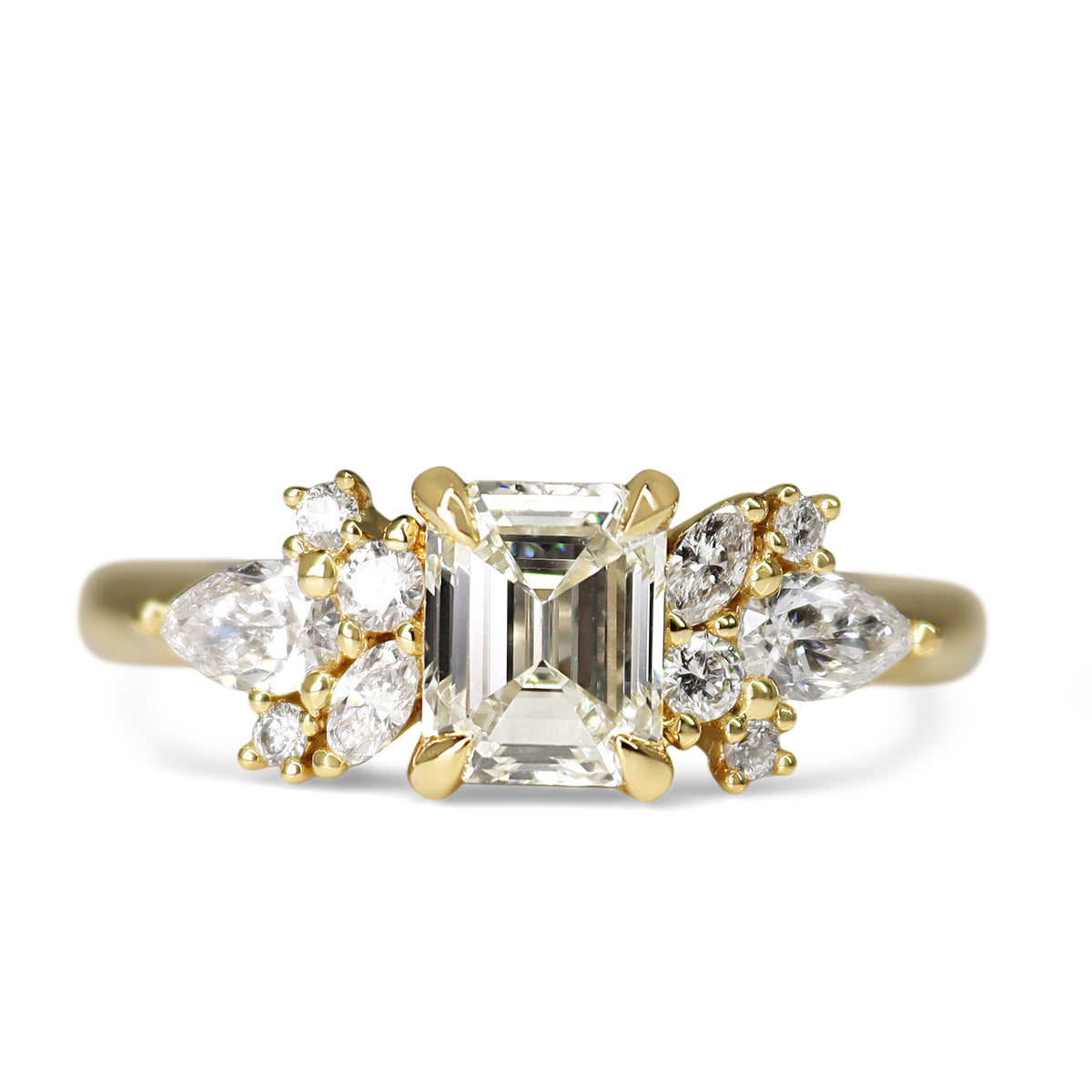 18ct Yellow Gold Tinted Emerald Cut with Pear and Marquise Accents Diamond Ring