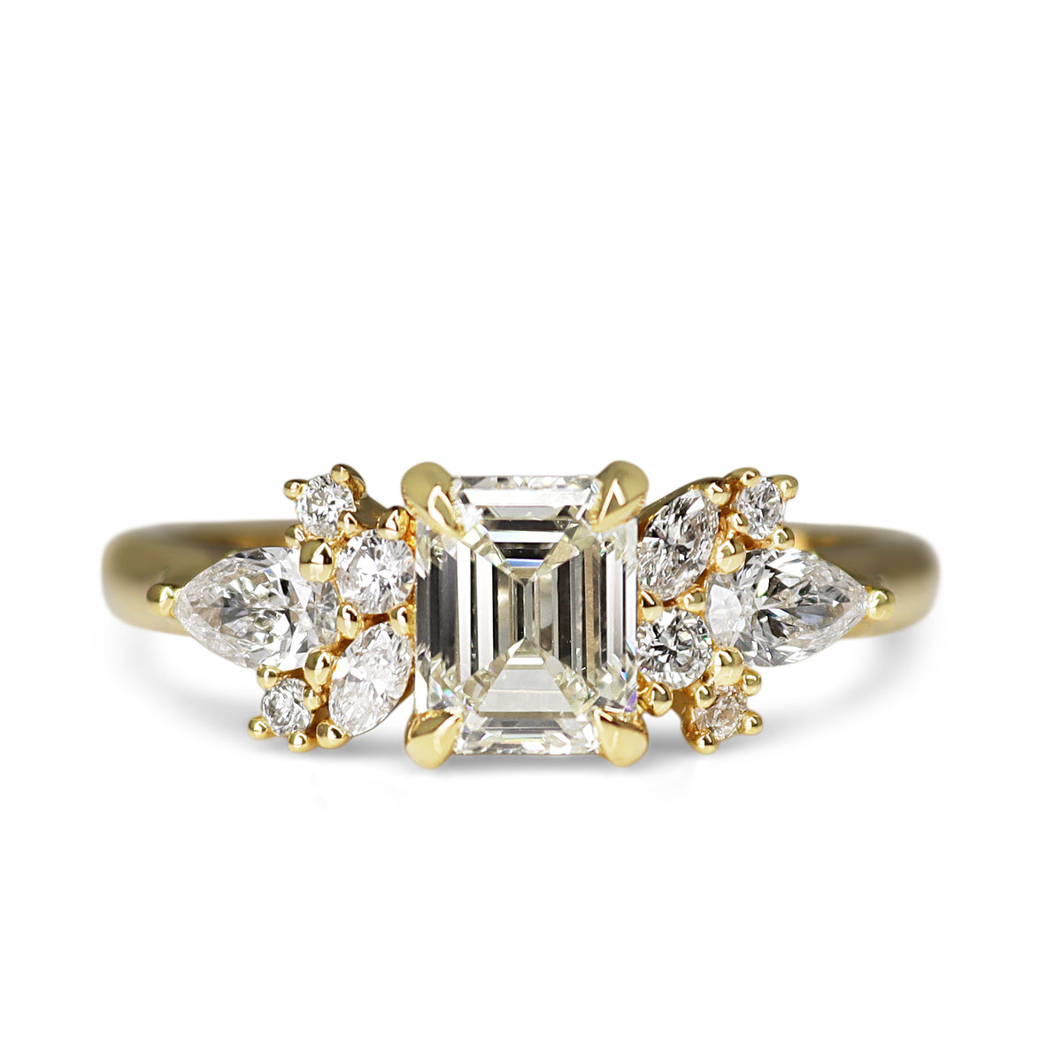 18ct Yellow Gold Tinted Emerald Cut with Pear and Marquise Accents Diamond Ring