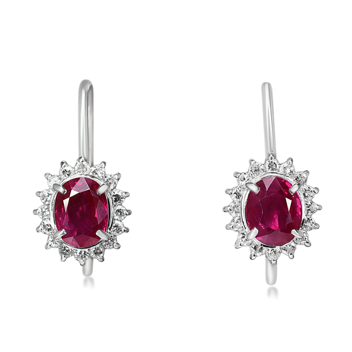 Platinum Ruby and Diamond Halo Drop Earrings