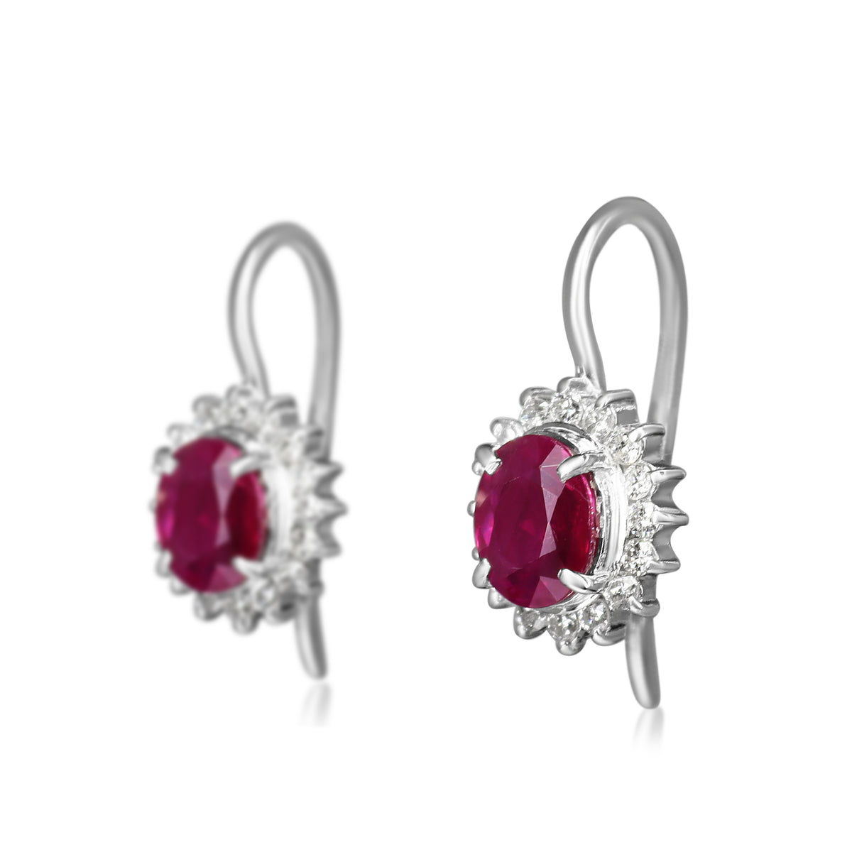 Platinum Ruby and Diamond Halo Drop Earrings