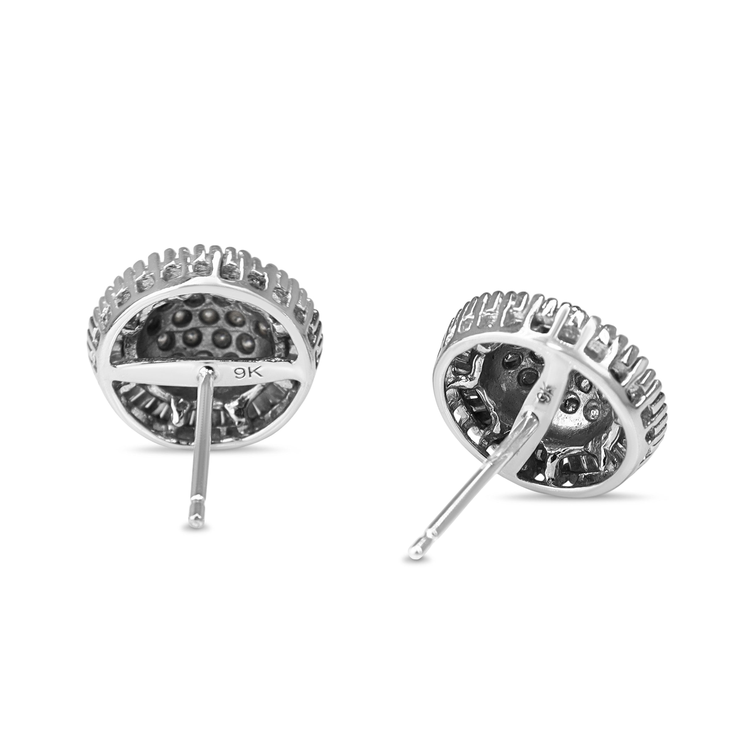 9ct White Gold Baguette and Brilliant Cut Diamond Cluster Stud Earrings