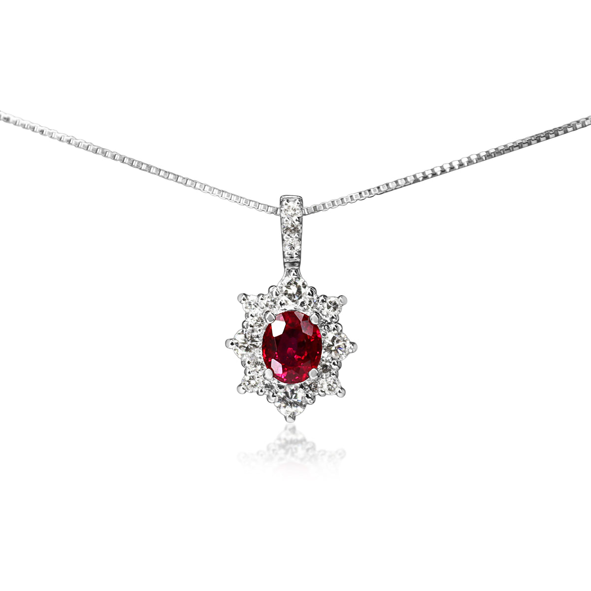 Platinum Ruby and Diamond Halo Necklace