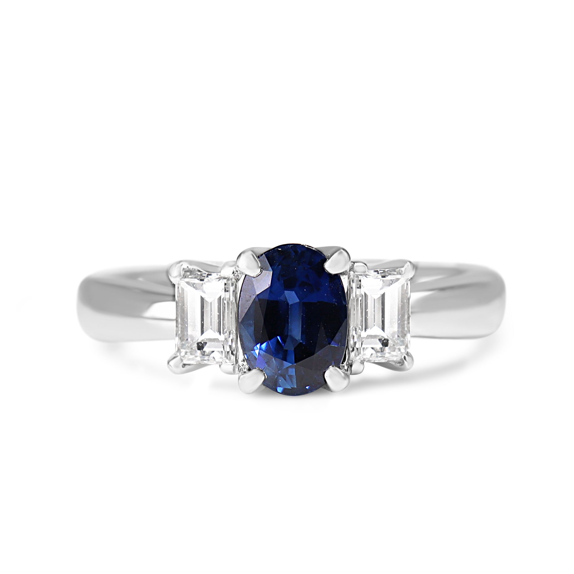 Platinum Sapphire and Baguette Diamond 3 Stone Ring