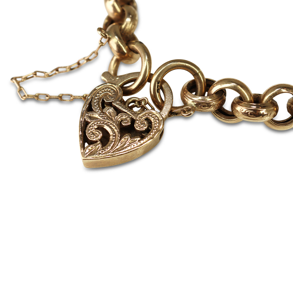 9ct Yellow Gold Engraved Belcher Link Bracelet with Filigree Heart Padlock