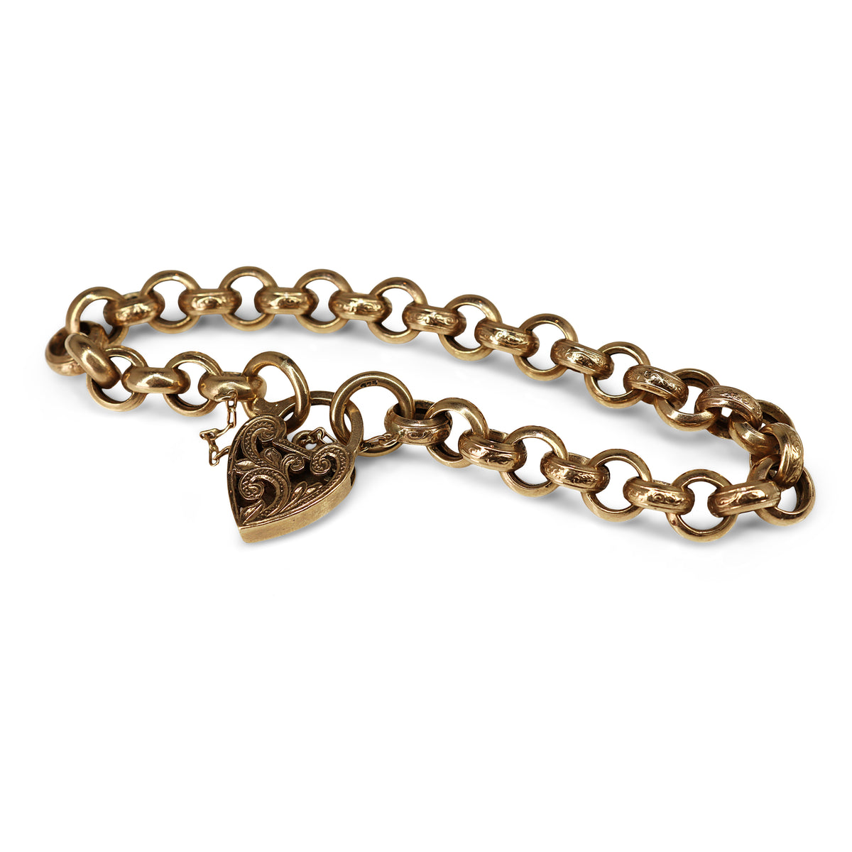 9ct Yellow Gold Engraved Belcher Link Bracelet with Filigree Heart Padlock