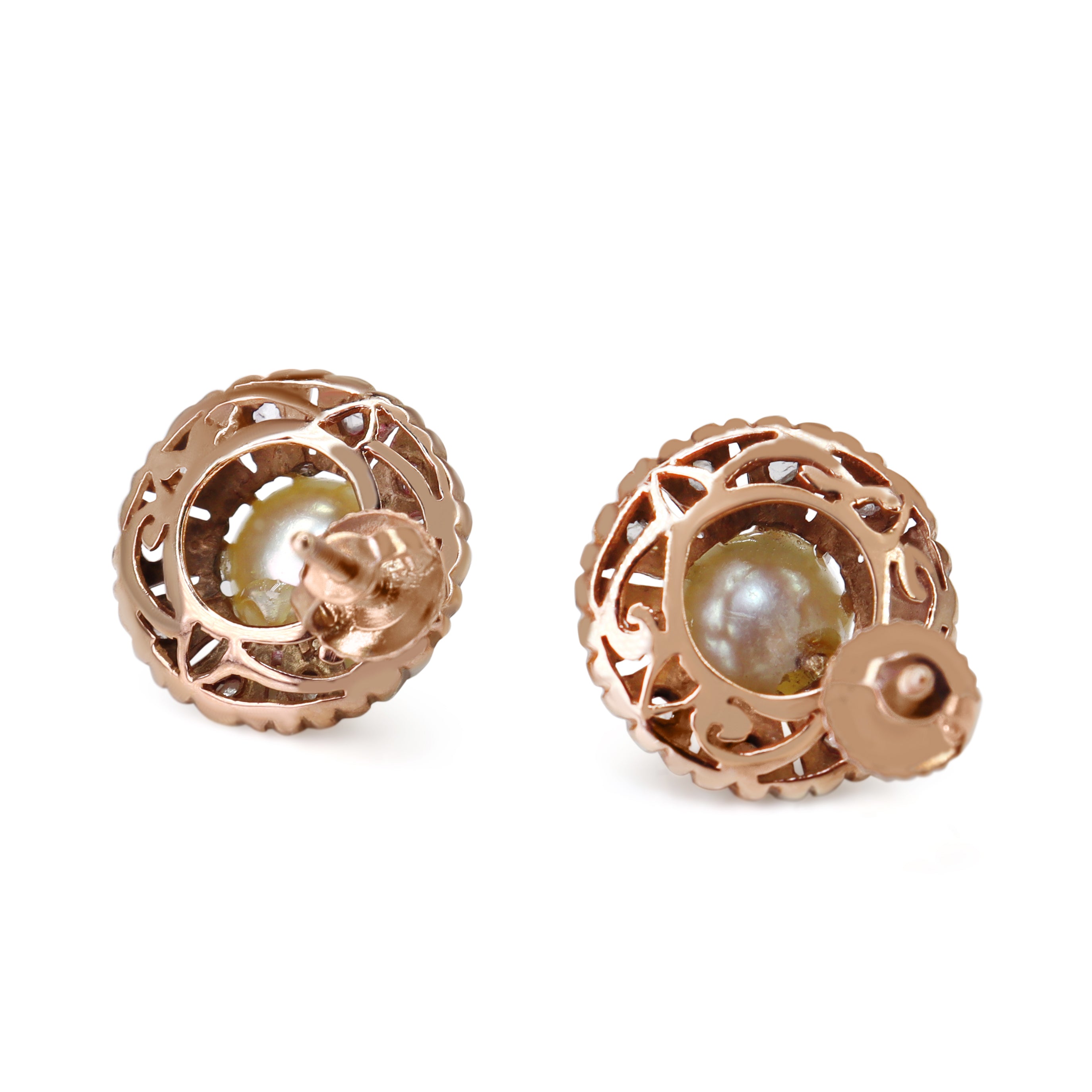 14ct Rose Gold Antique Rose Cut Diamond and Pearl Earrings