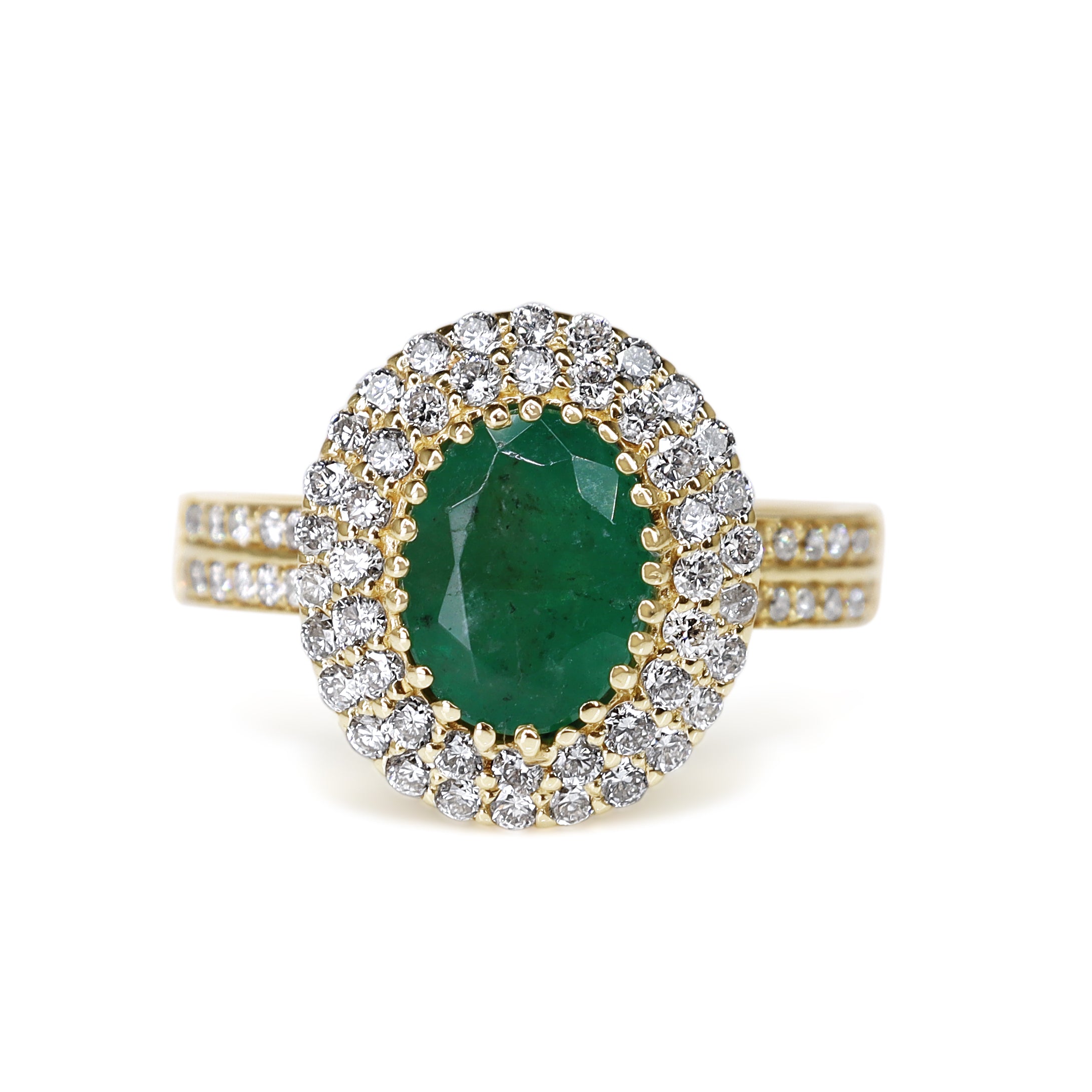 18ct Yellow Gold Emerald and Double Diamond Halo Ring