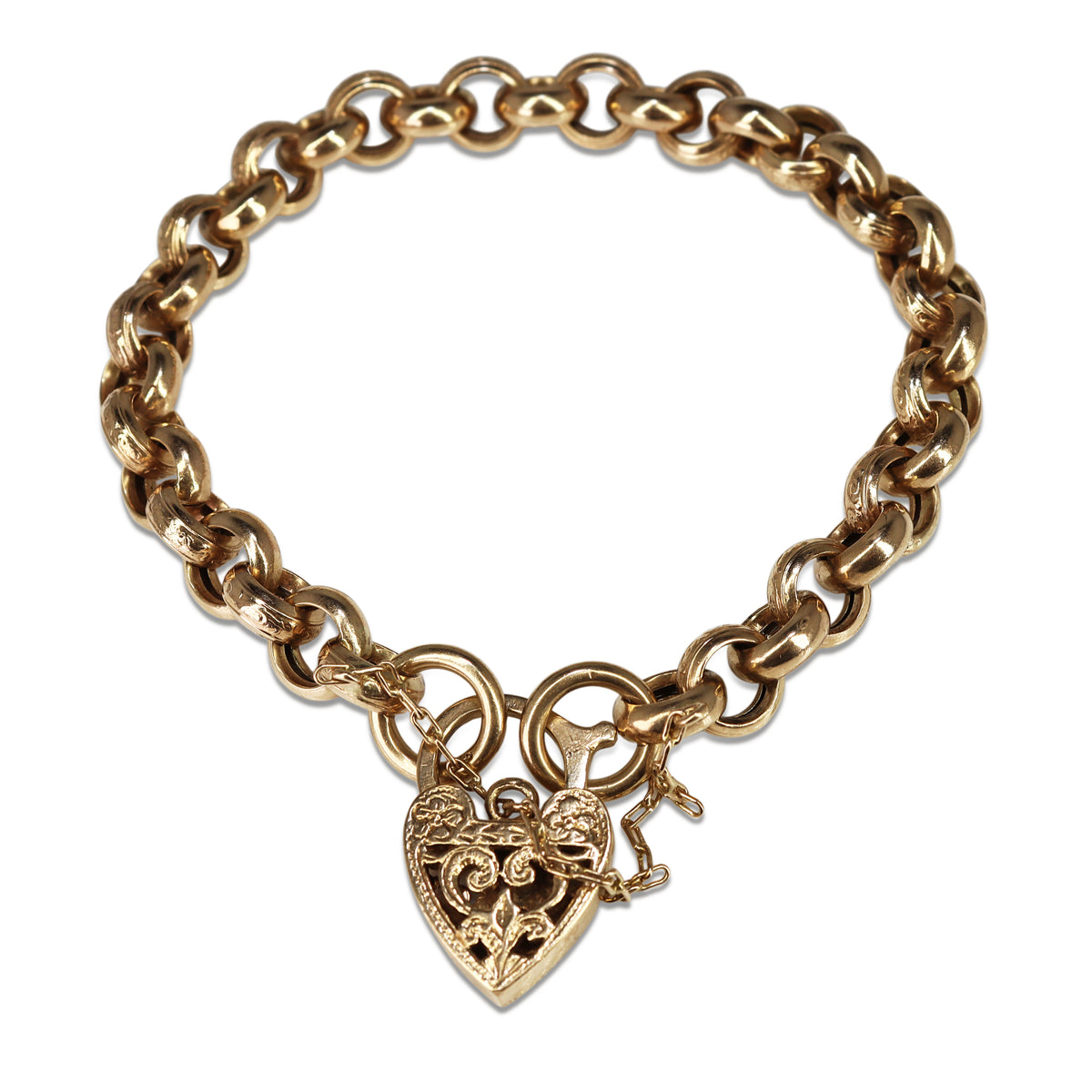 9ct Yellow Gold Engraved Belcher Link Bracelet with Filigree Heart Padlock
