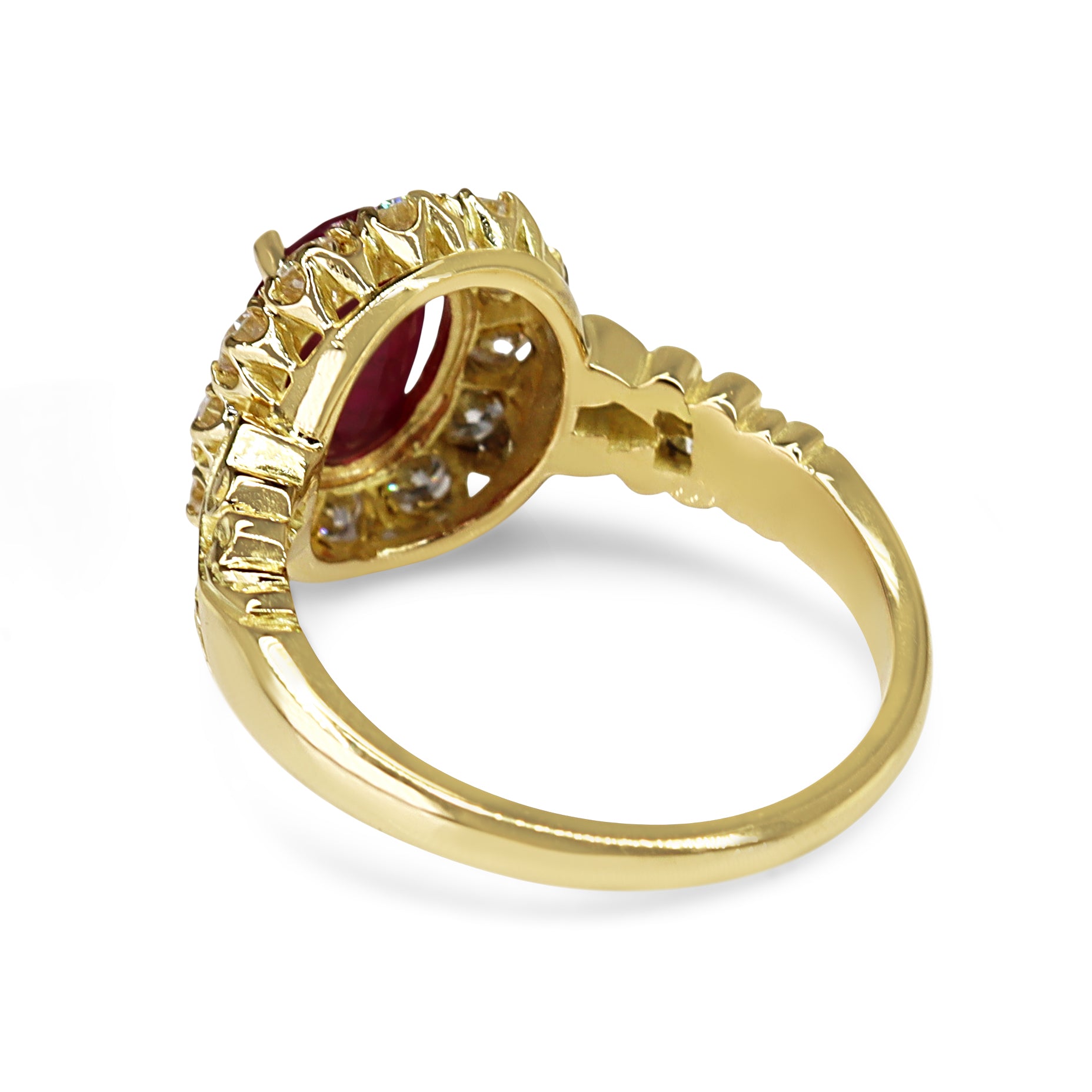 18ct Yellow Gold Antique Style Ruby and Diamond Halo Cluster Ring