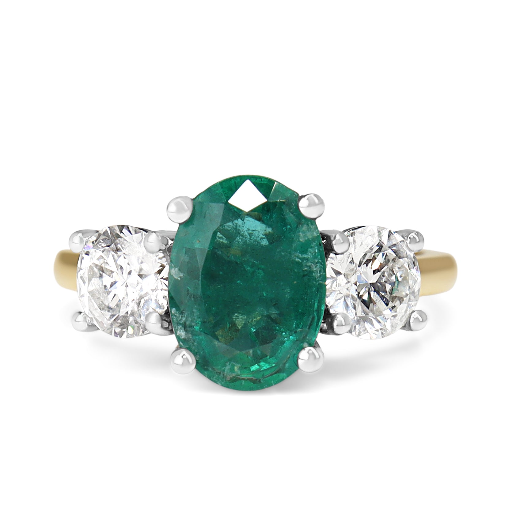 18ct Yellow and White Gold Oval Emerald and Round Diamond 3 Stone Ring