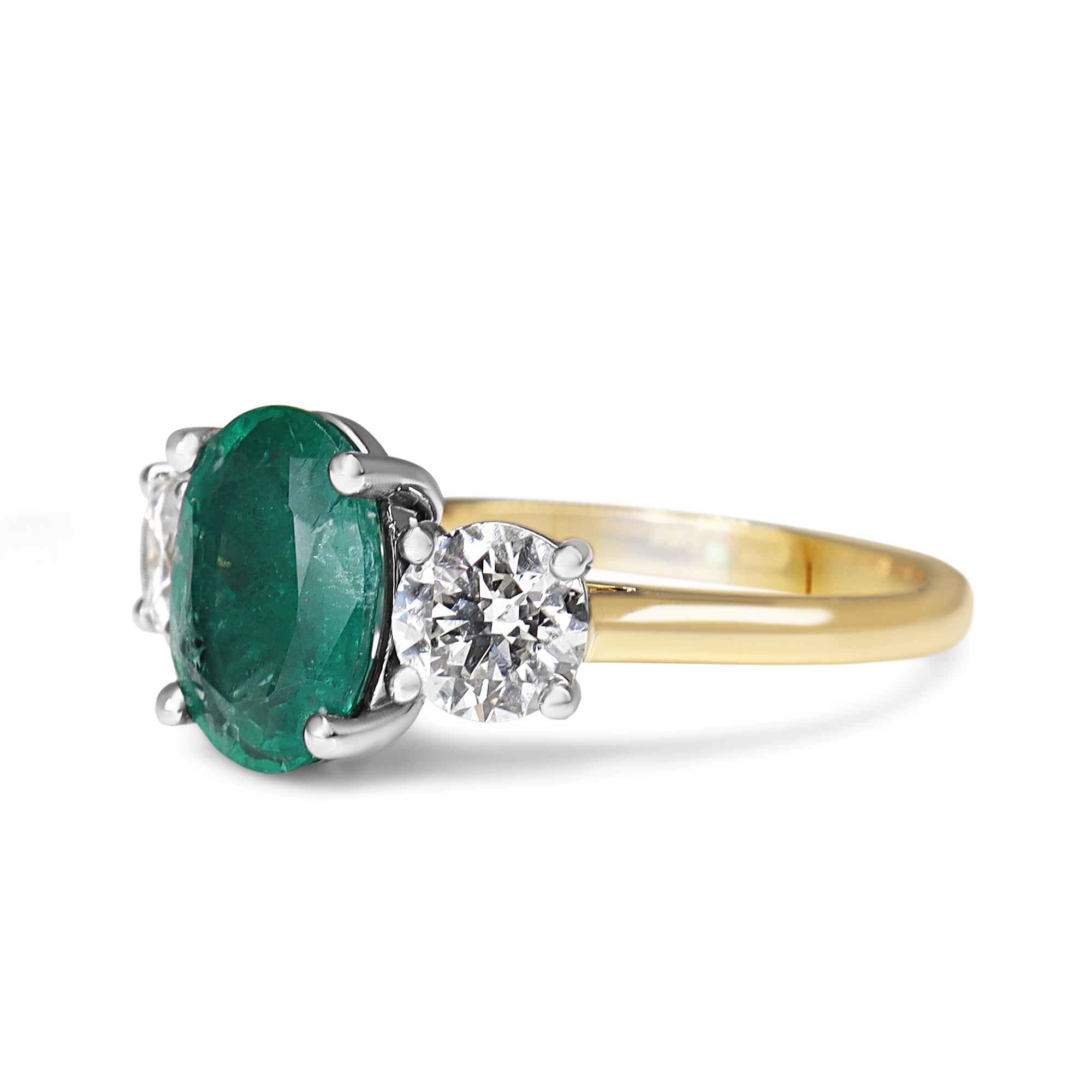 18ct Yellow and White Gold Oval Emerald and Round Diamond 3 Stone Ring