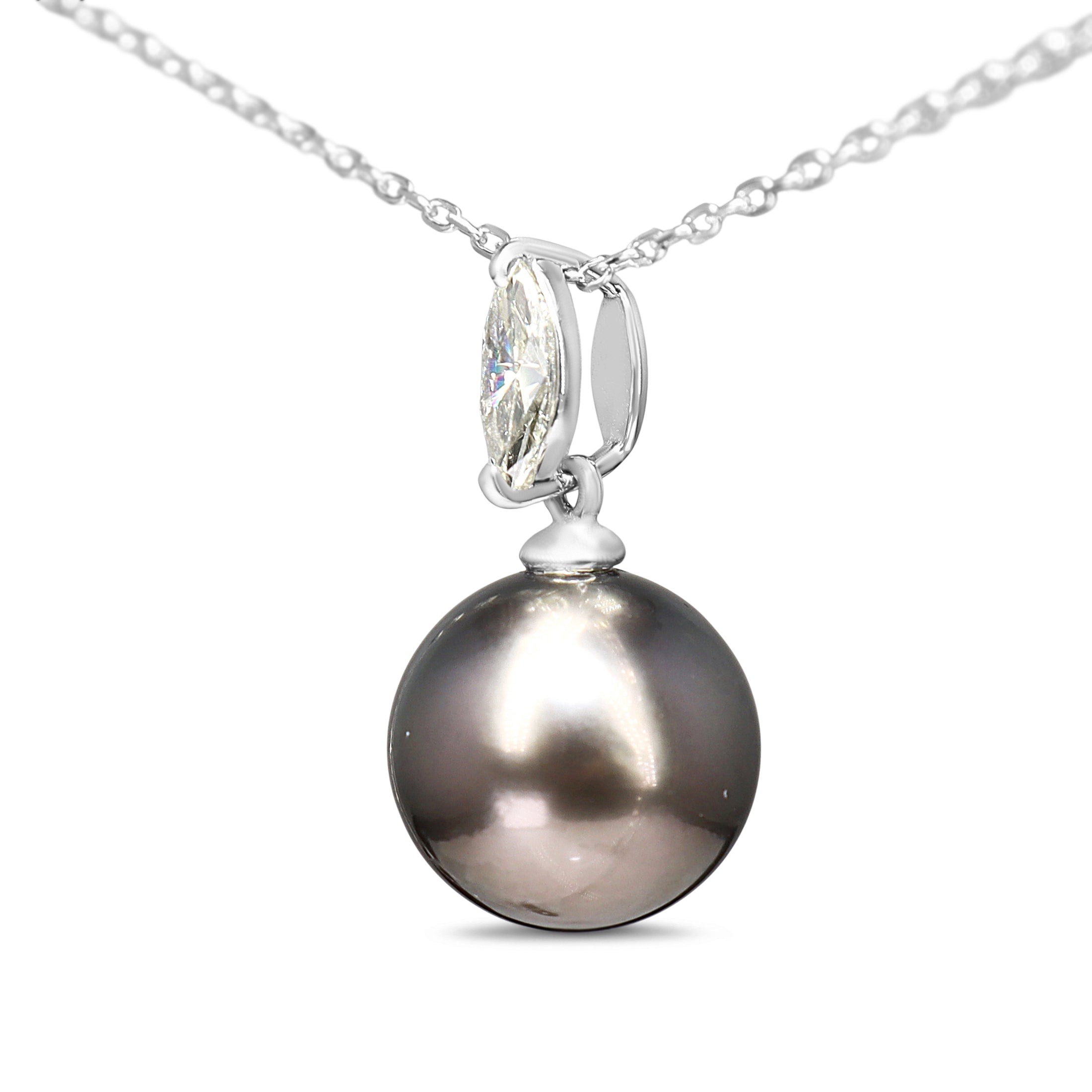18ct White Gold 11.5mm Tahitian Pearl and Marquise Diamond Necklace