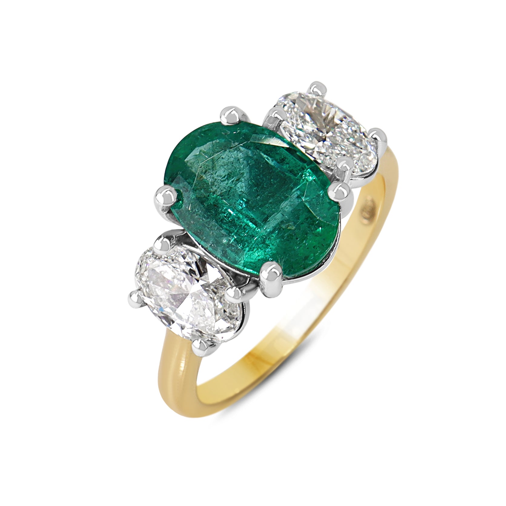 18ct Yellow and White Gold Oval Emerald and Diamond 3 Stone Ring