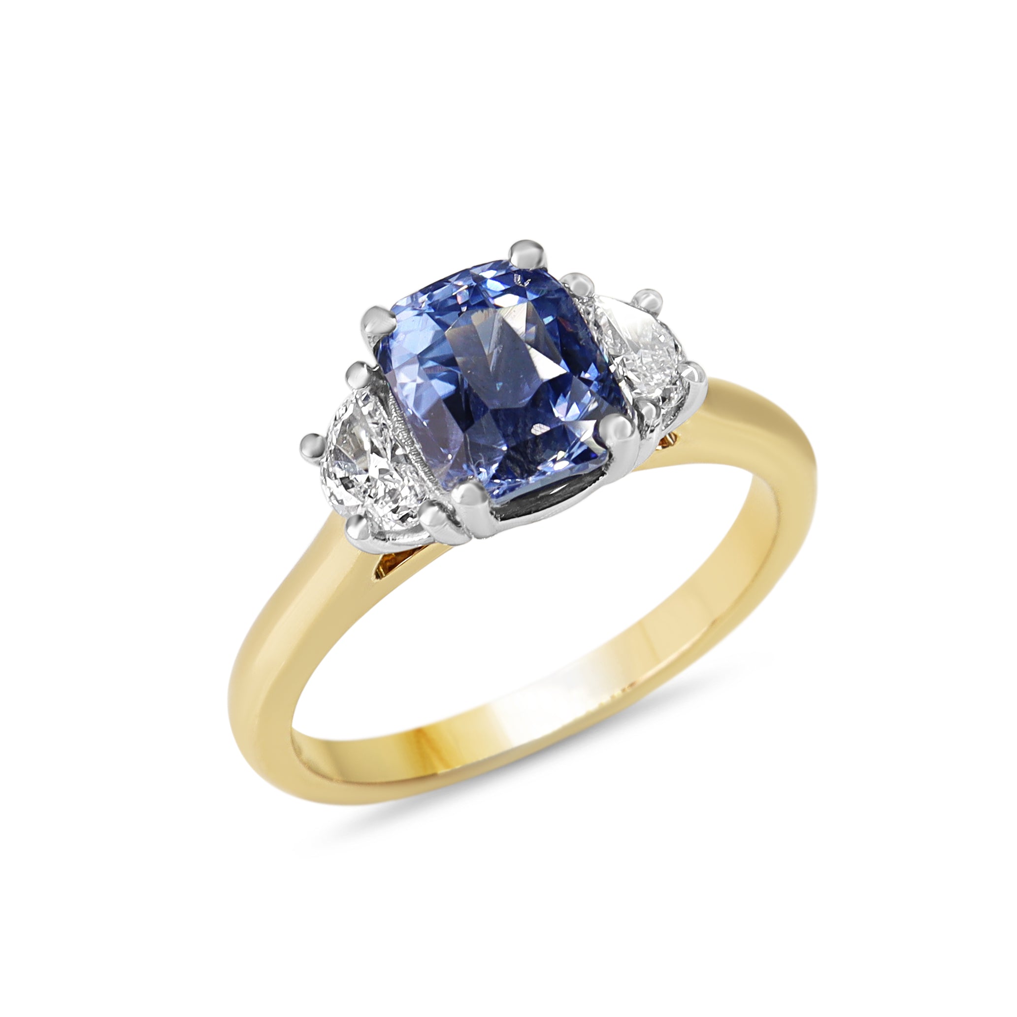 18ct Yellow and White Gold 2.60ct Cornflower Blue Sapphire and Half Moon Diamond 3 Stone Ring