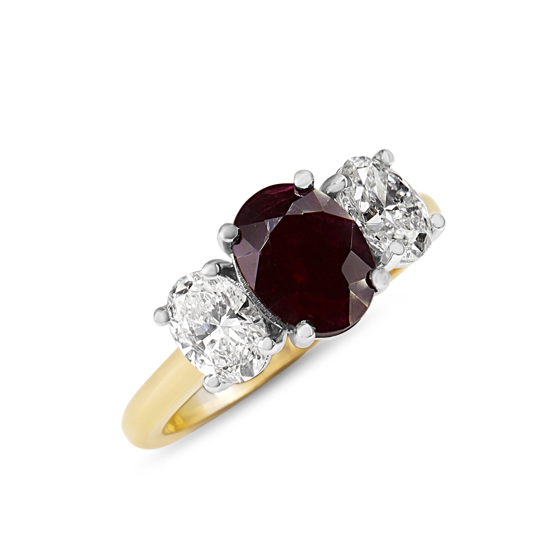 18ct Yellow and White Gold Oval Ruby and Diamond 3 Stone Ring