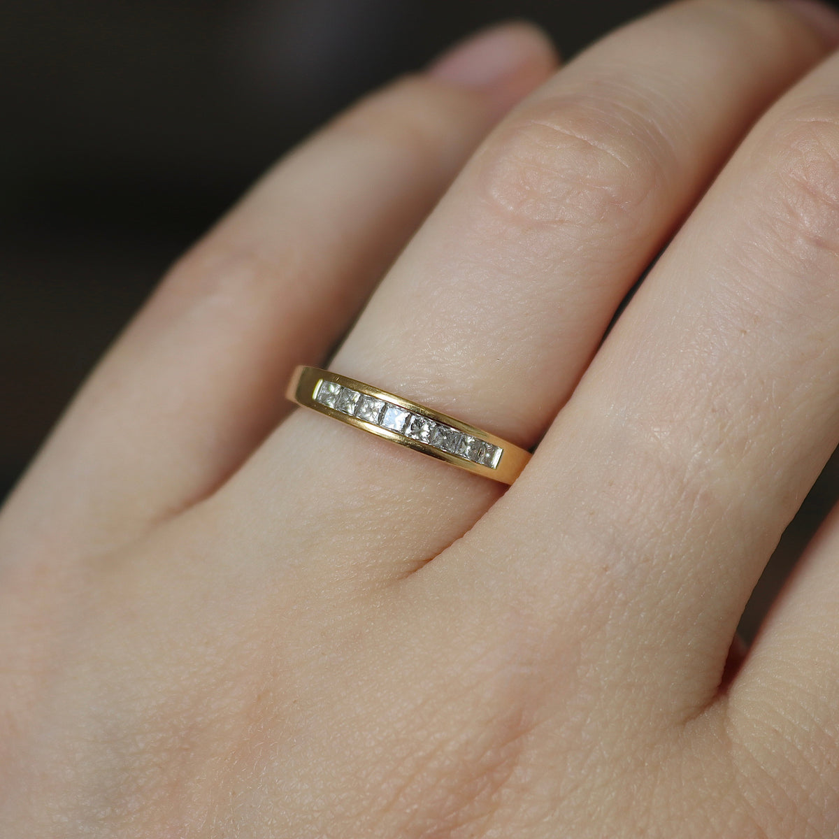 Luxury 18ct yellow gold channel set ring with square Carré cut natural diamonds