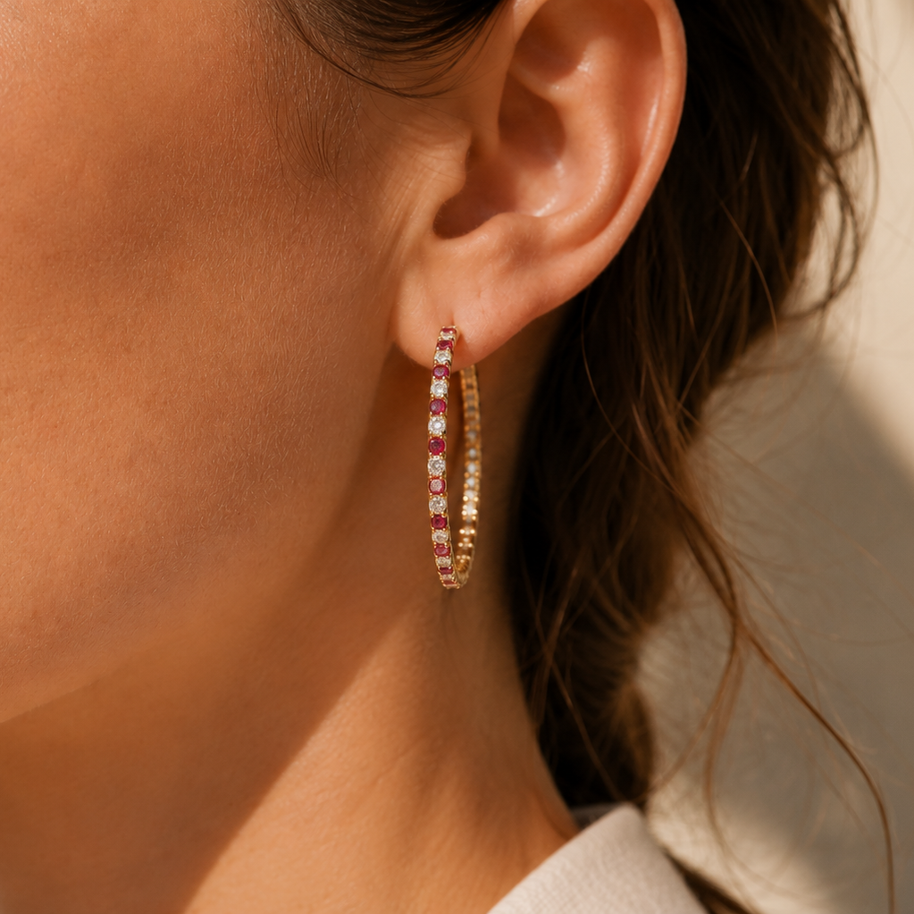 18ct Yellow Gold Ruby and Diamond Hoop Earrings