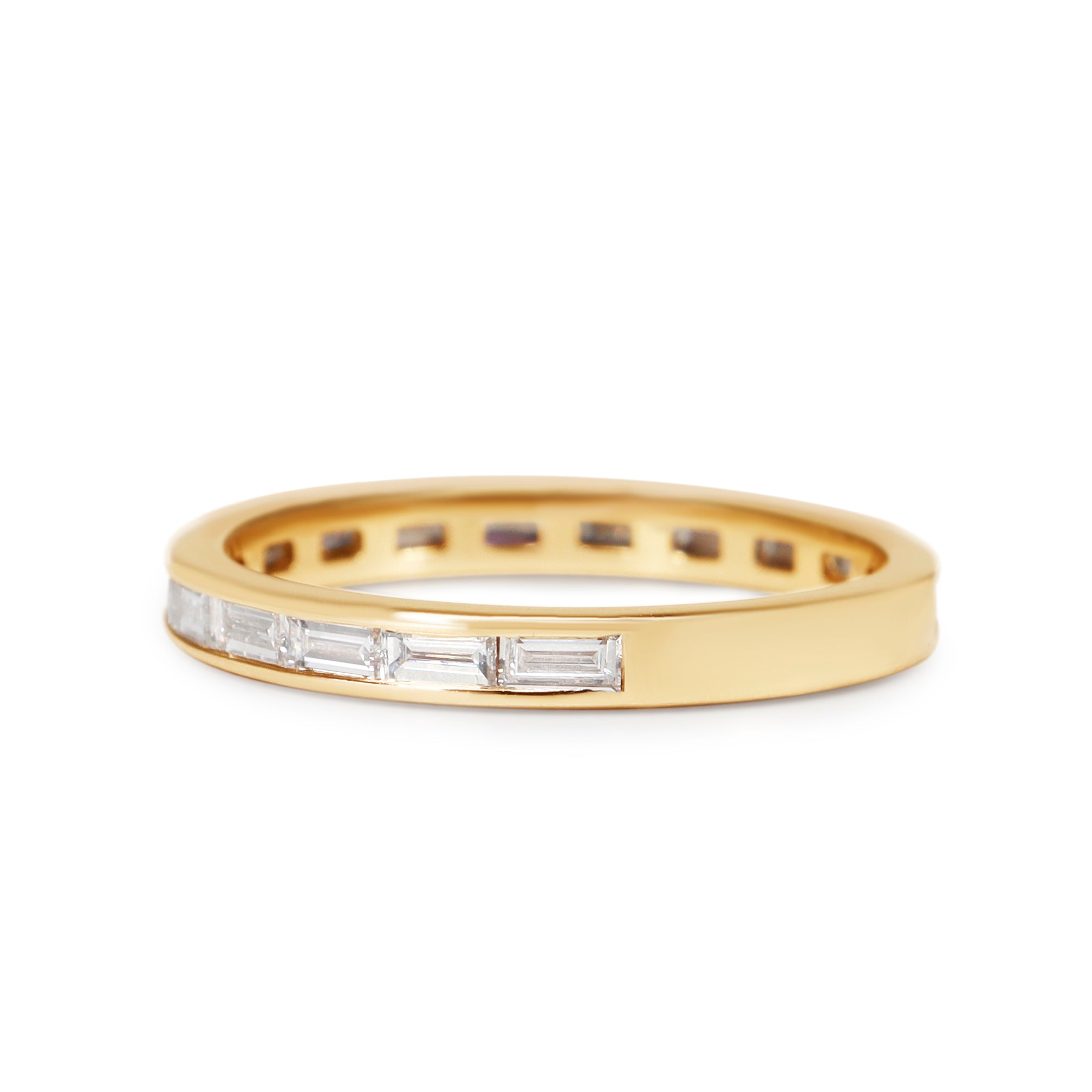 Full view of a 1.00ct baguette diamond wedding band crafted in 18ct rose gold