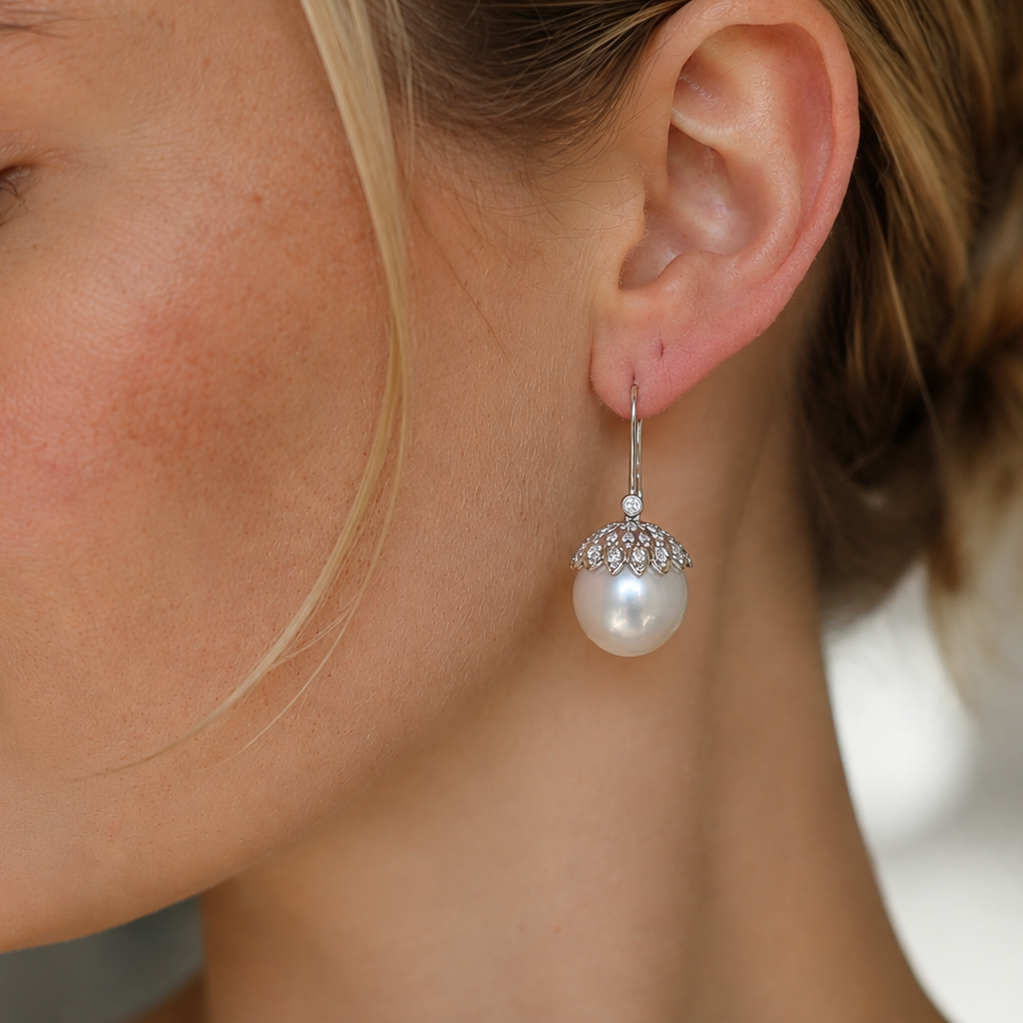 18ct White Gold 14mm South Sea Pearl and Diamond Acorn Style Earrings